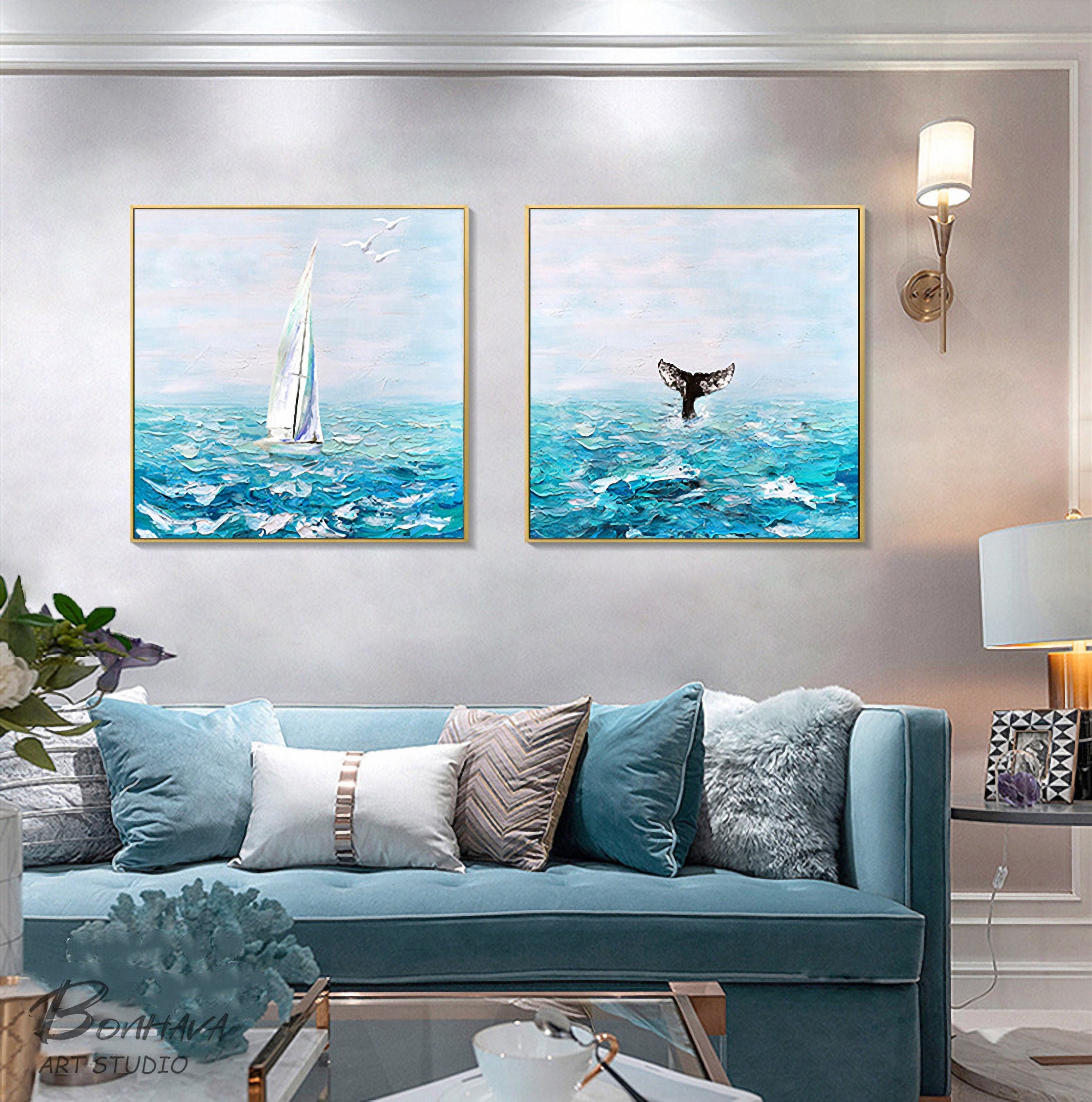 Set of 2 Blue Ocean Painting, Whale and Boat Abstract Painting on Canvas, Seawave Acrylic Painting, Original Seascape Wall…