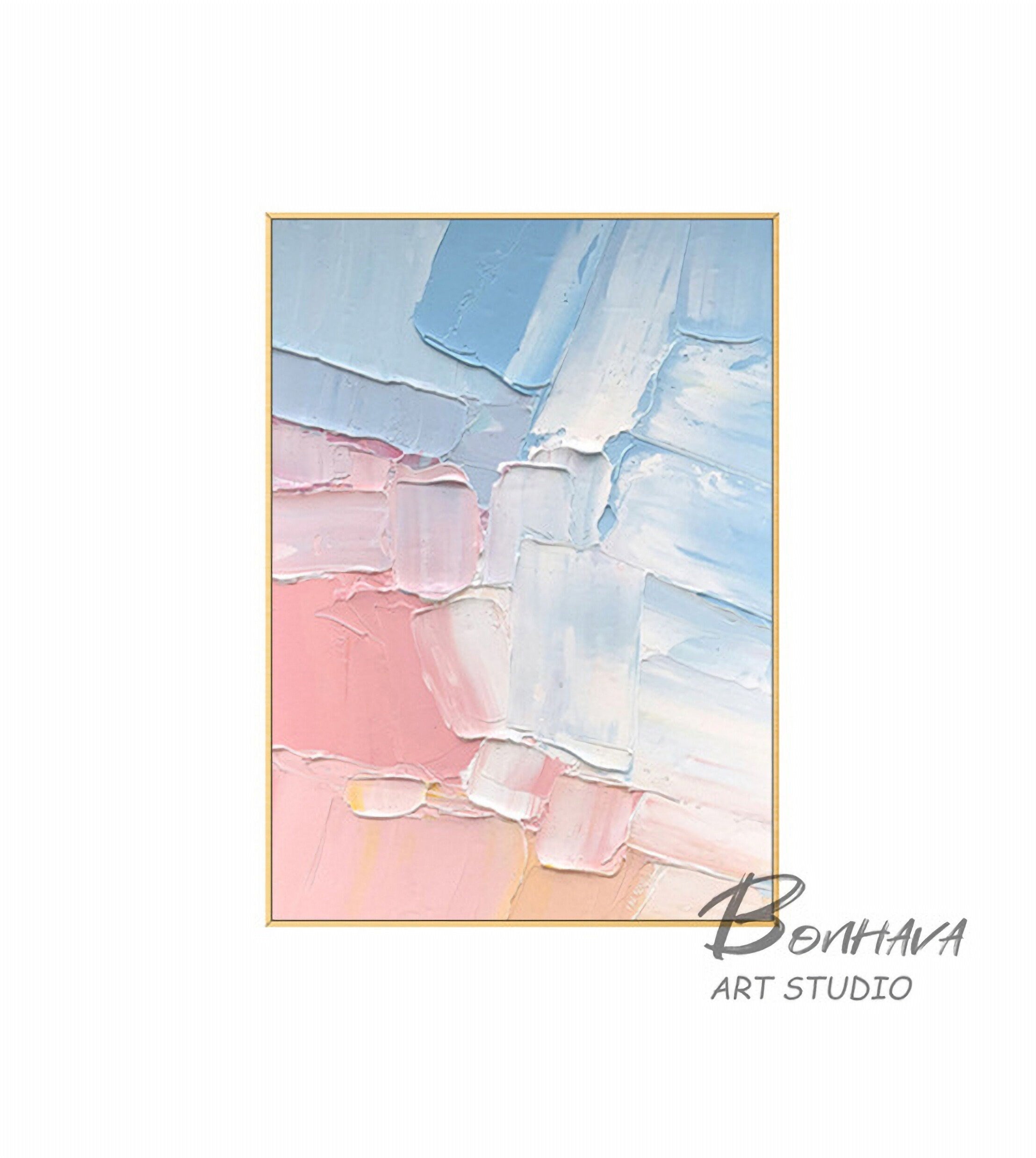Pink and Blue Abstract Painting, Bedroom Wall Decor, Hand-painted Abstract Art, Acrylic Painting on Canvas