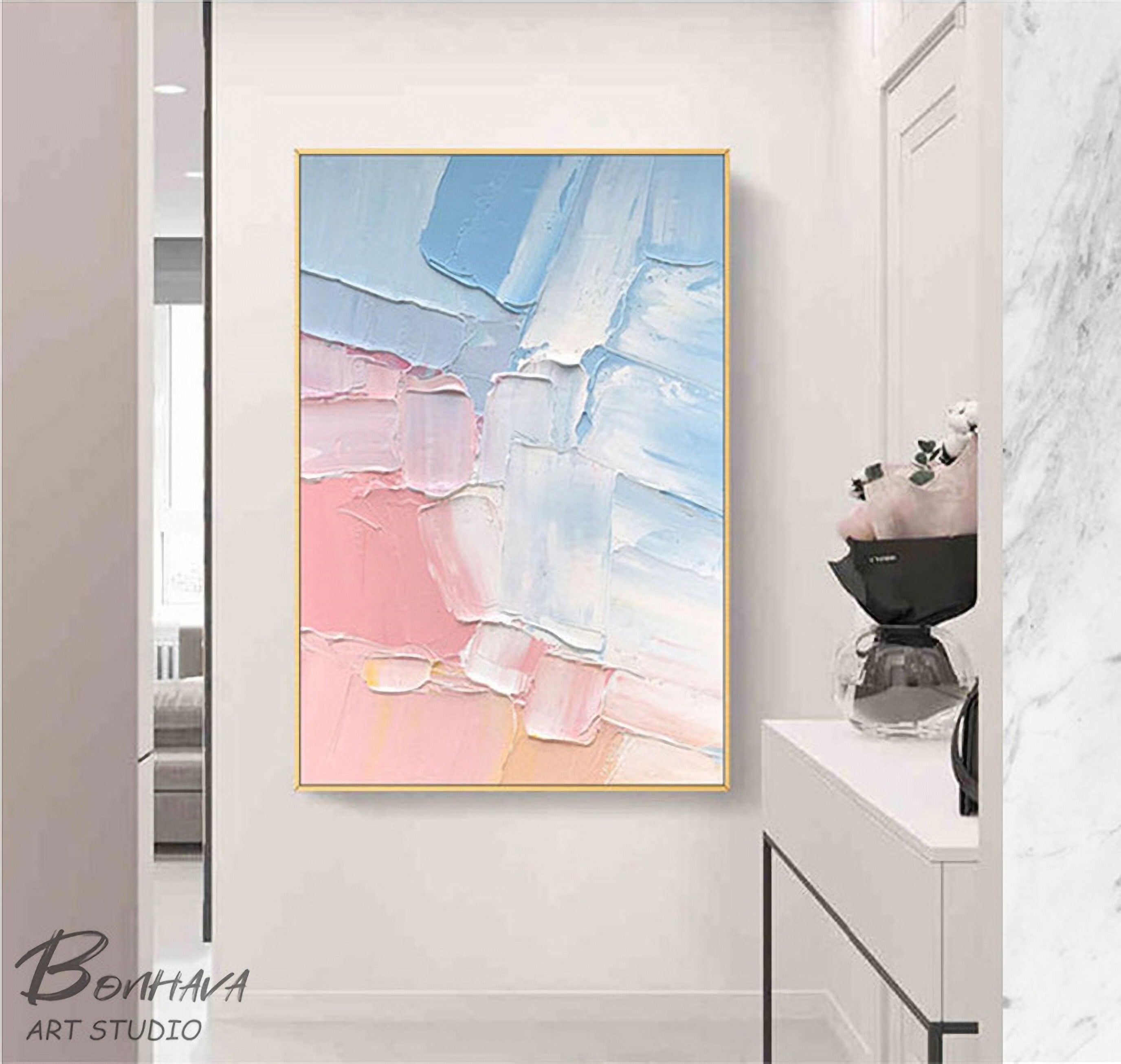 Pink and Blue Abstract Painting, Bedroom Wall Decor, Hand-painted Abstract Art, Acrylic Painting on Canvas
