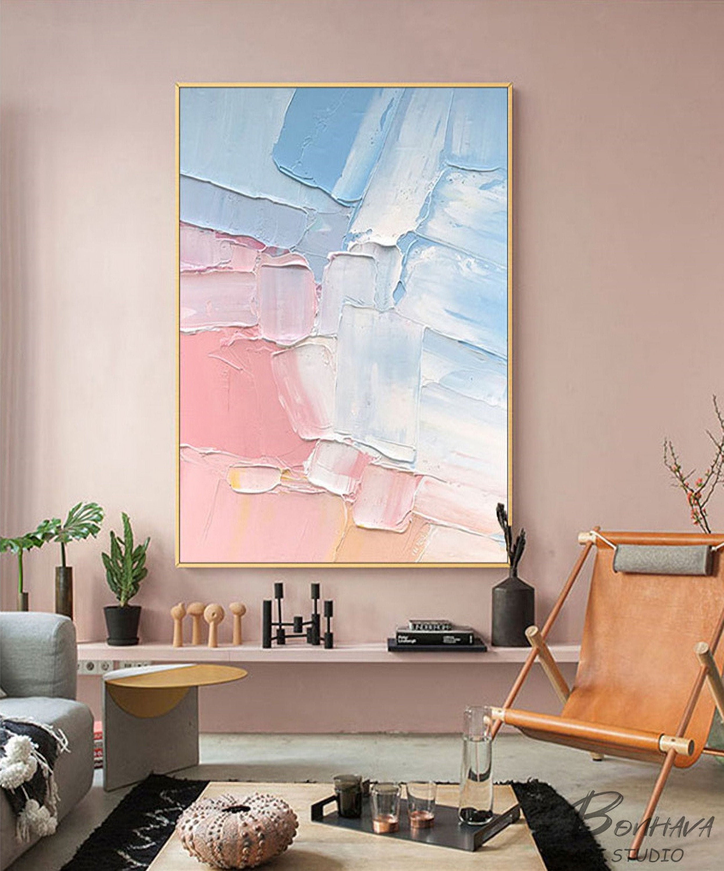 Pink and Blue Abstract Painting, Bedroom Wall Decor, Hand-painted Abstract Art, Acrylic Painting on Canvas