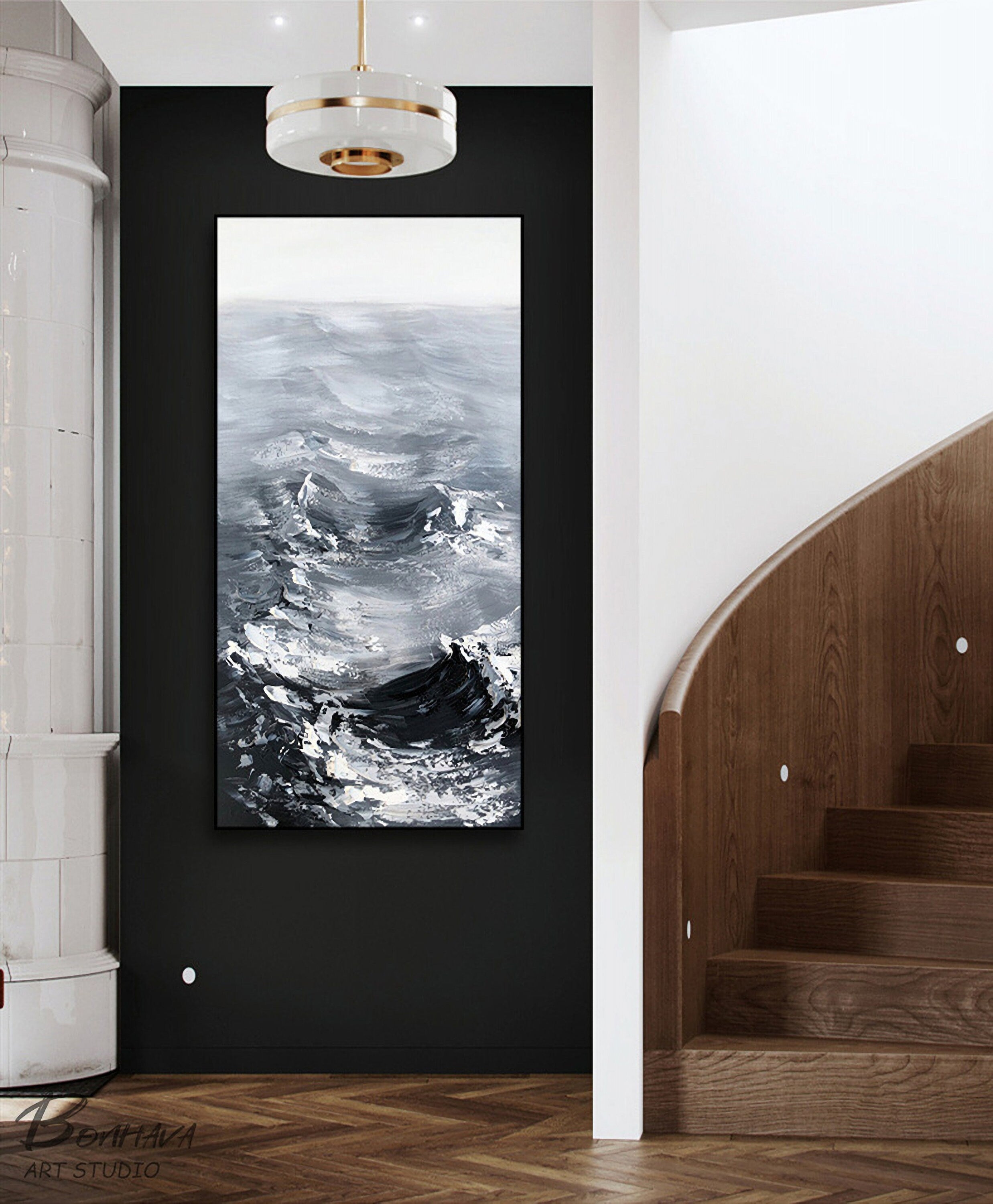 Original Sea Abstract Oil Painting, Waves Texture Painting, Large White and Black Painting, Large Ocean Canvas Painting