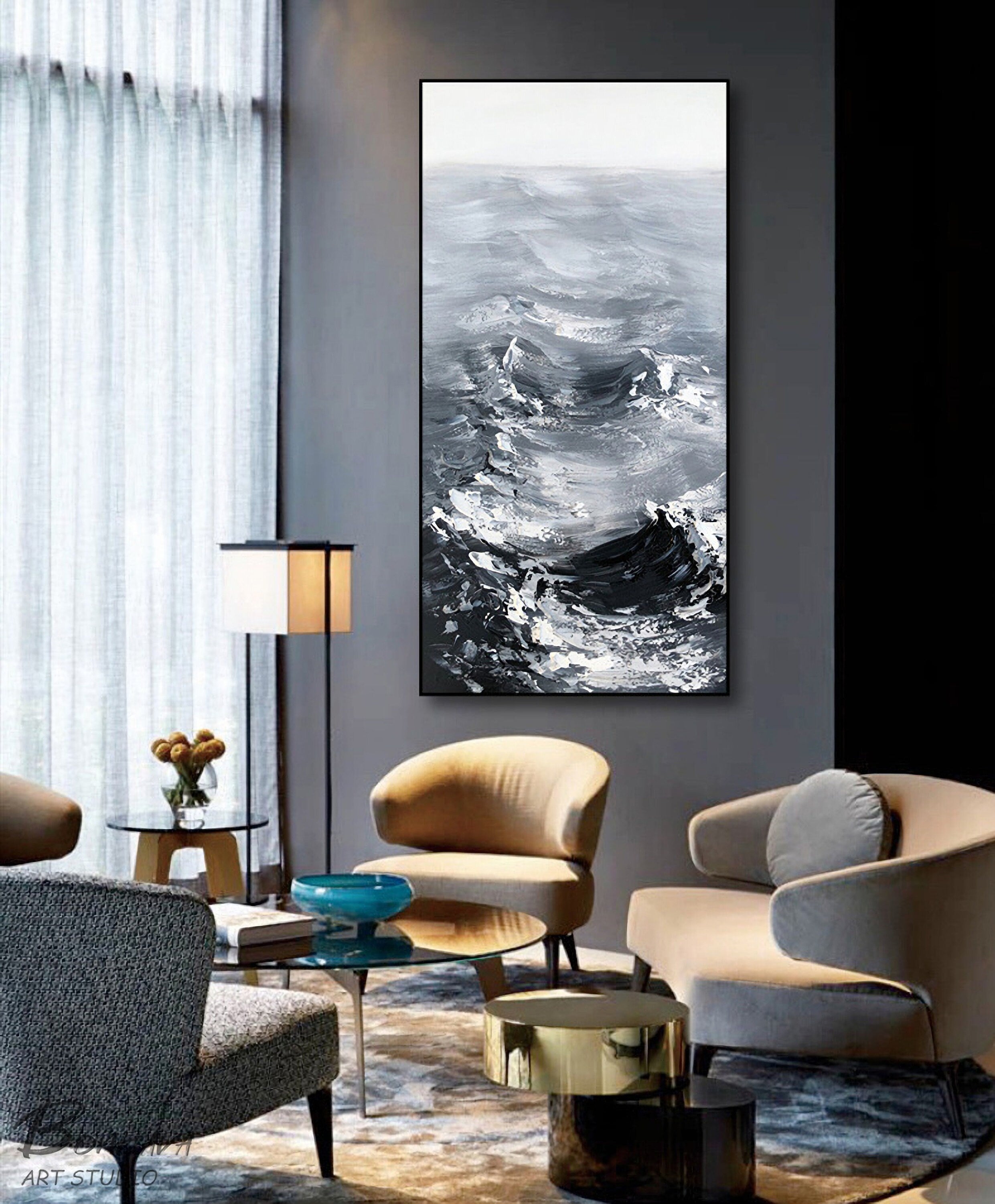 Original Sea Abstract Oil Painting, Waves Texture Painting, Large White and Black Painting, Large Ocean Canvas Painting