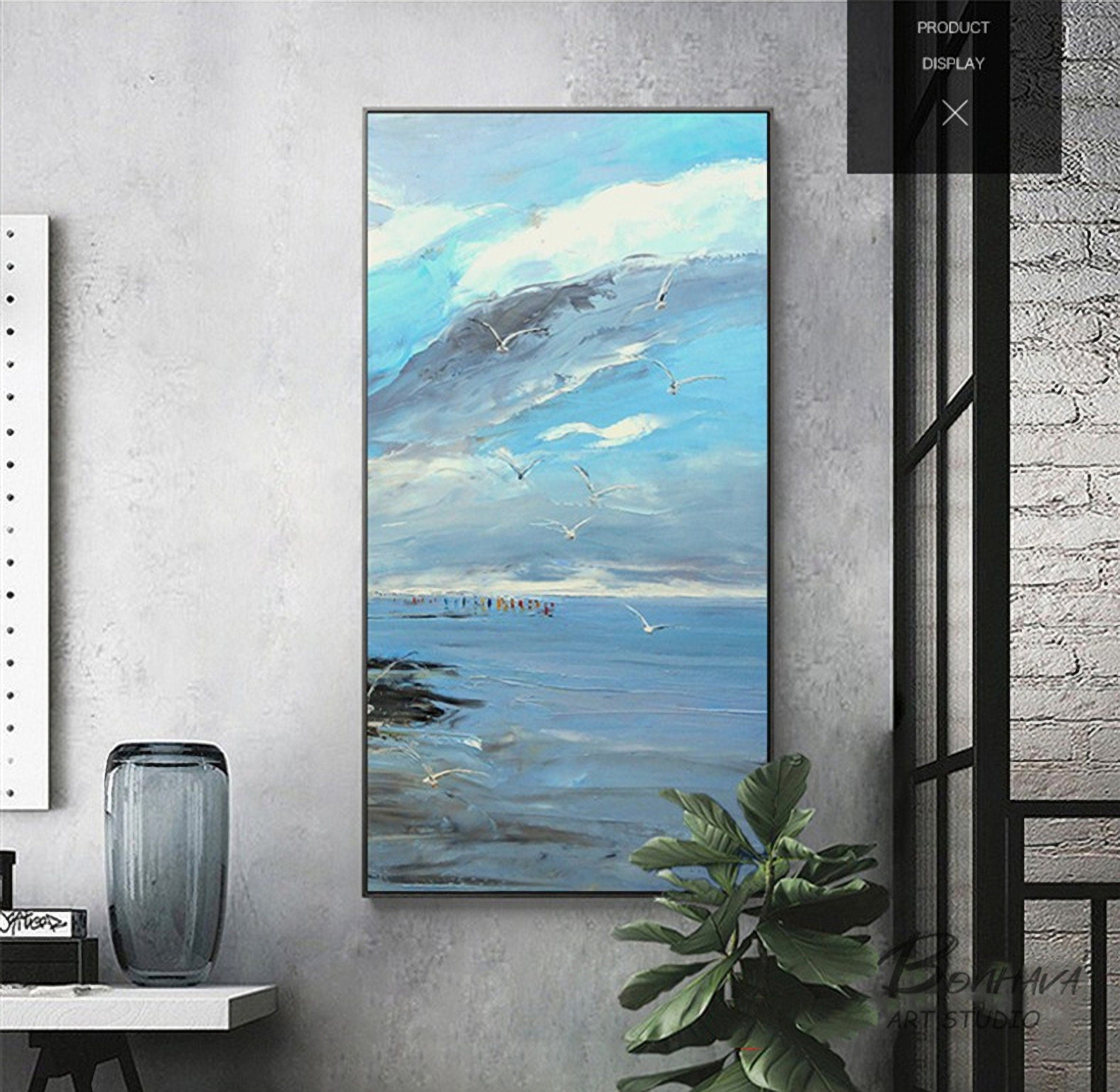 Large Blue Sky And Sea Abstract Painting, Beach Texture Painting, Ocean Canvas Painting, Seagull Oil Painting, Seascape…