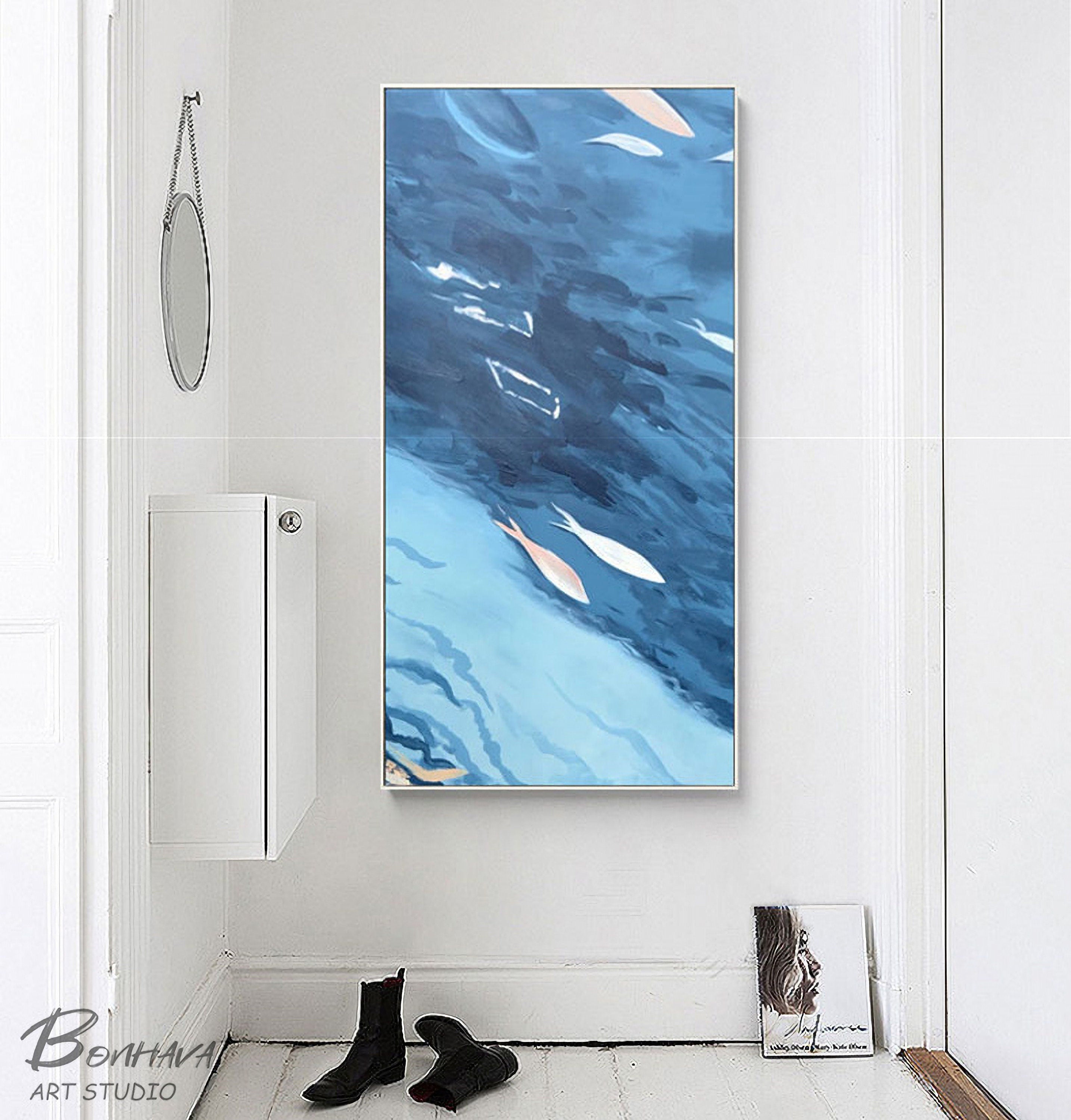 Large Blue Abstract Painting, Swimming fish, Acrylic Painting on Canvas, Original Minimalist Art