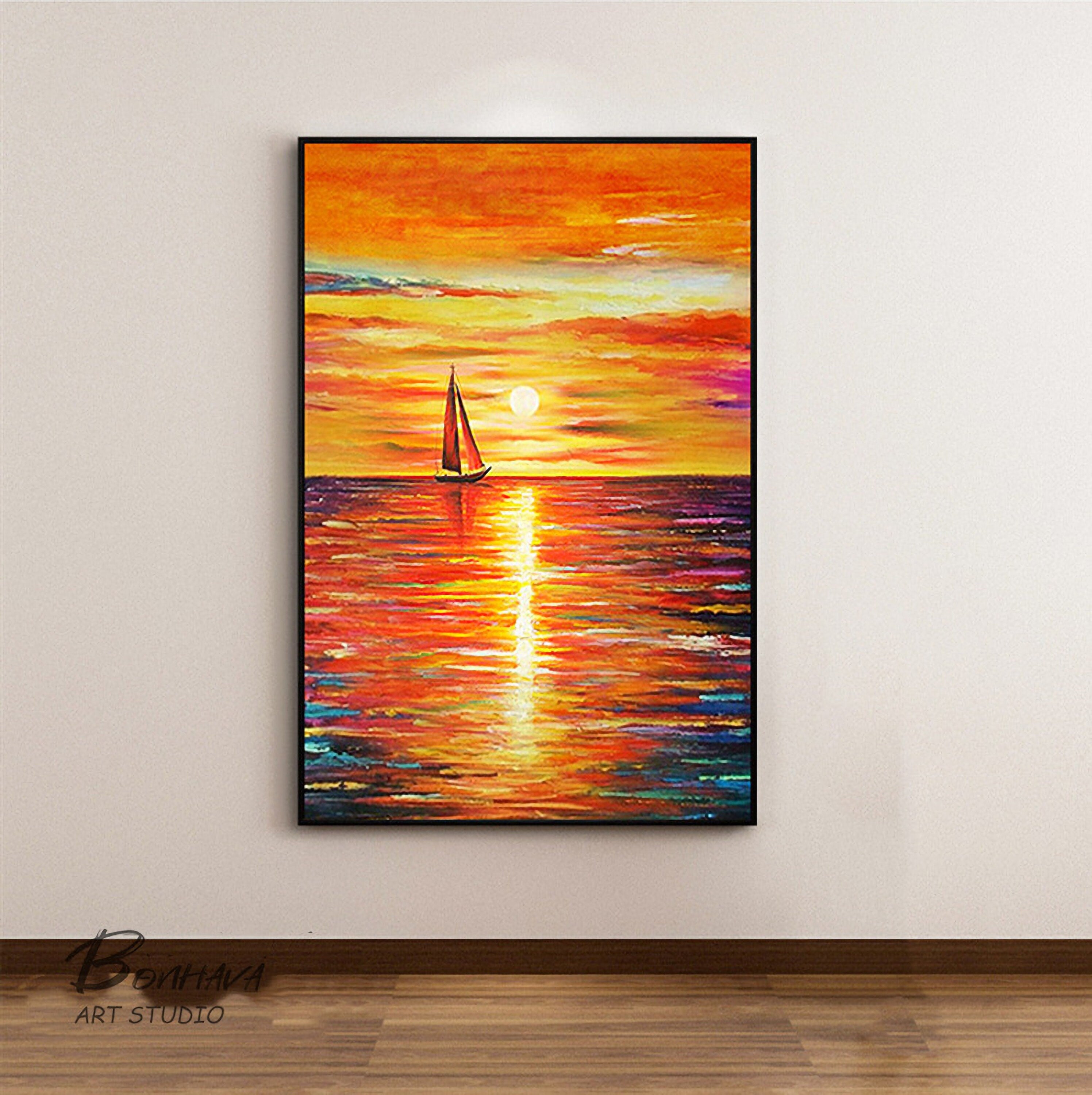 Sunset Abstract Painting, Sky Abstract Painting On Canvas, Orange Sunset Painting, Sea Abstract Canvas Wall Art