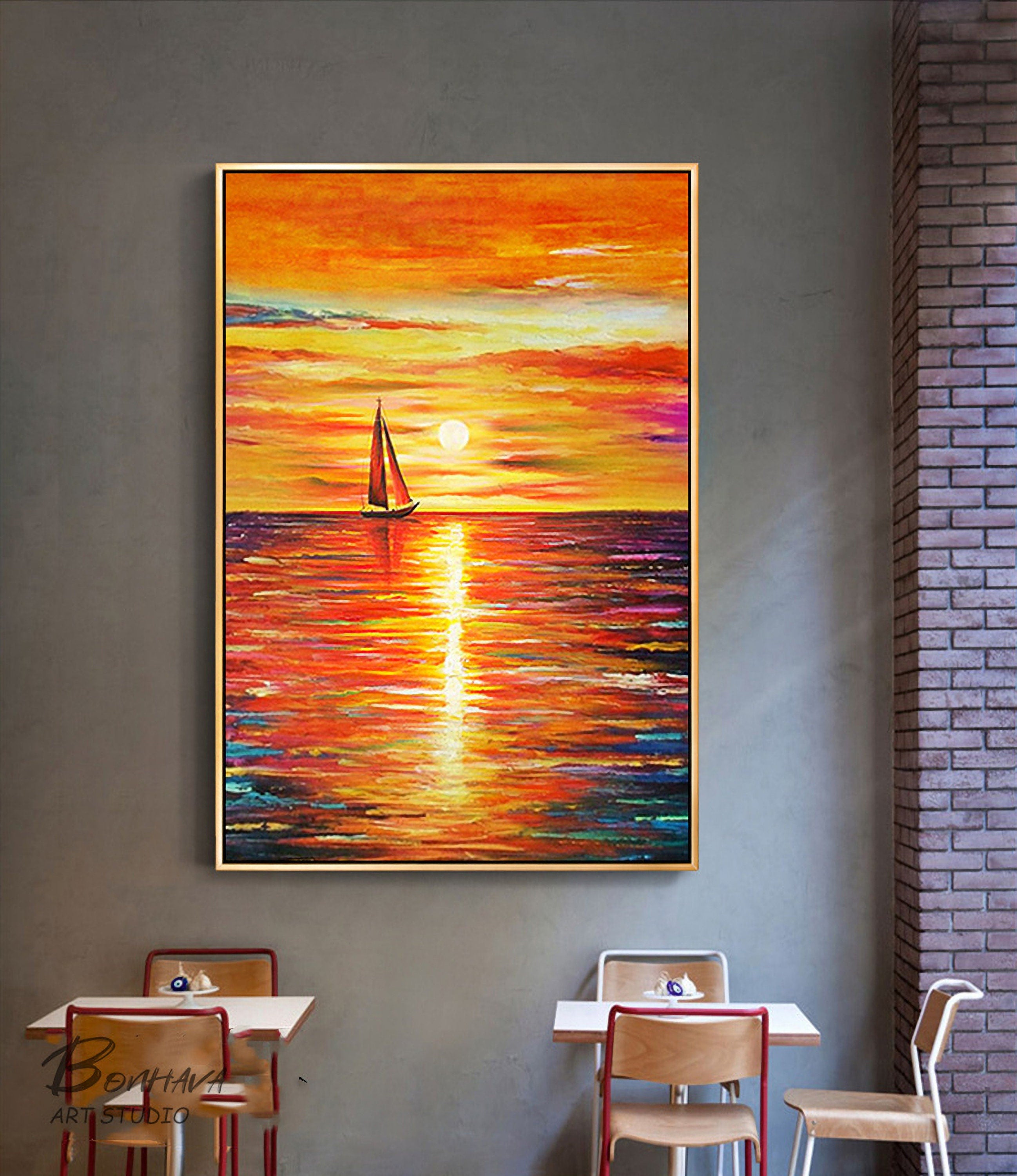 Sunset Abstract Painting, Sky Abstract Painting On Canvas, Orange Sunset Painting, Sea Abstract Canvas Wall Art