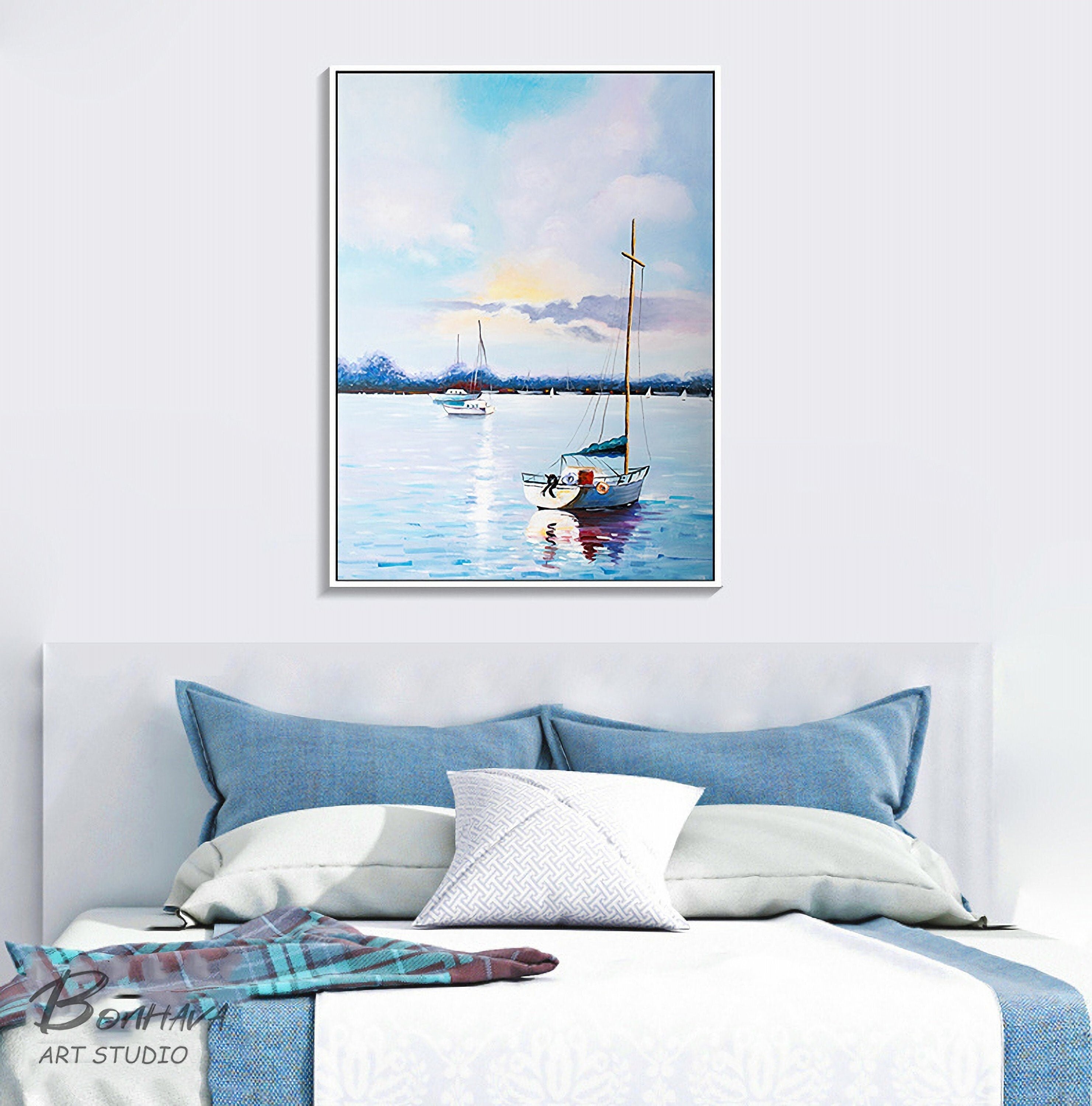 Sailboat Canvas Painting, Abstract Sailing Ship Wall Art, Nautical Artwork for Bedroom