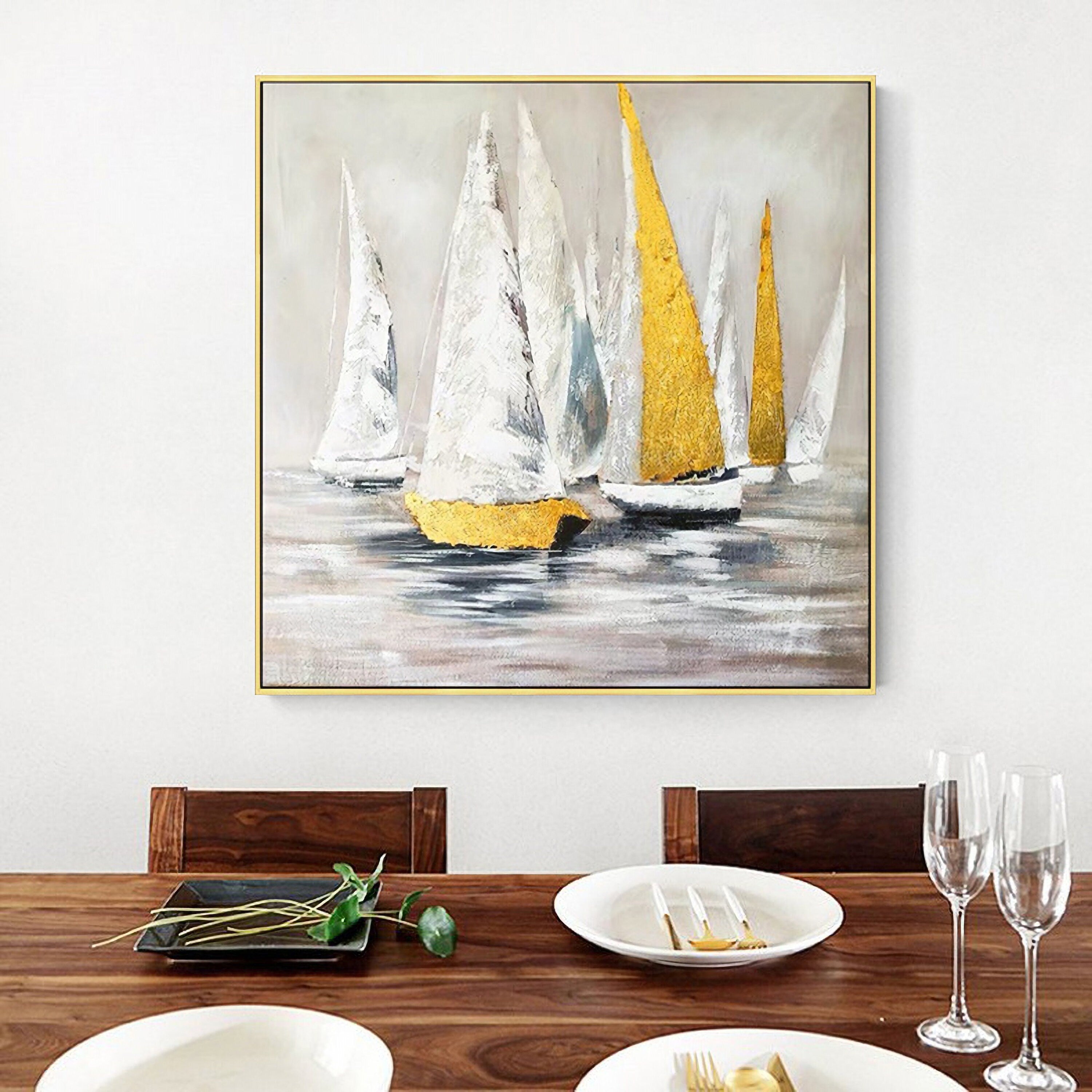 Large sailboat oil painting, Original Sailboats gather in the harbor landscape Artwork, Nautical oil painting art on Canvas