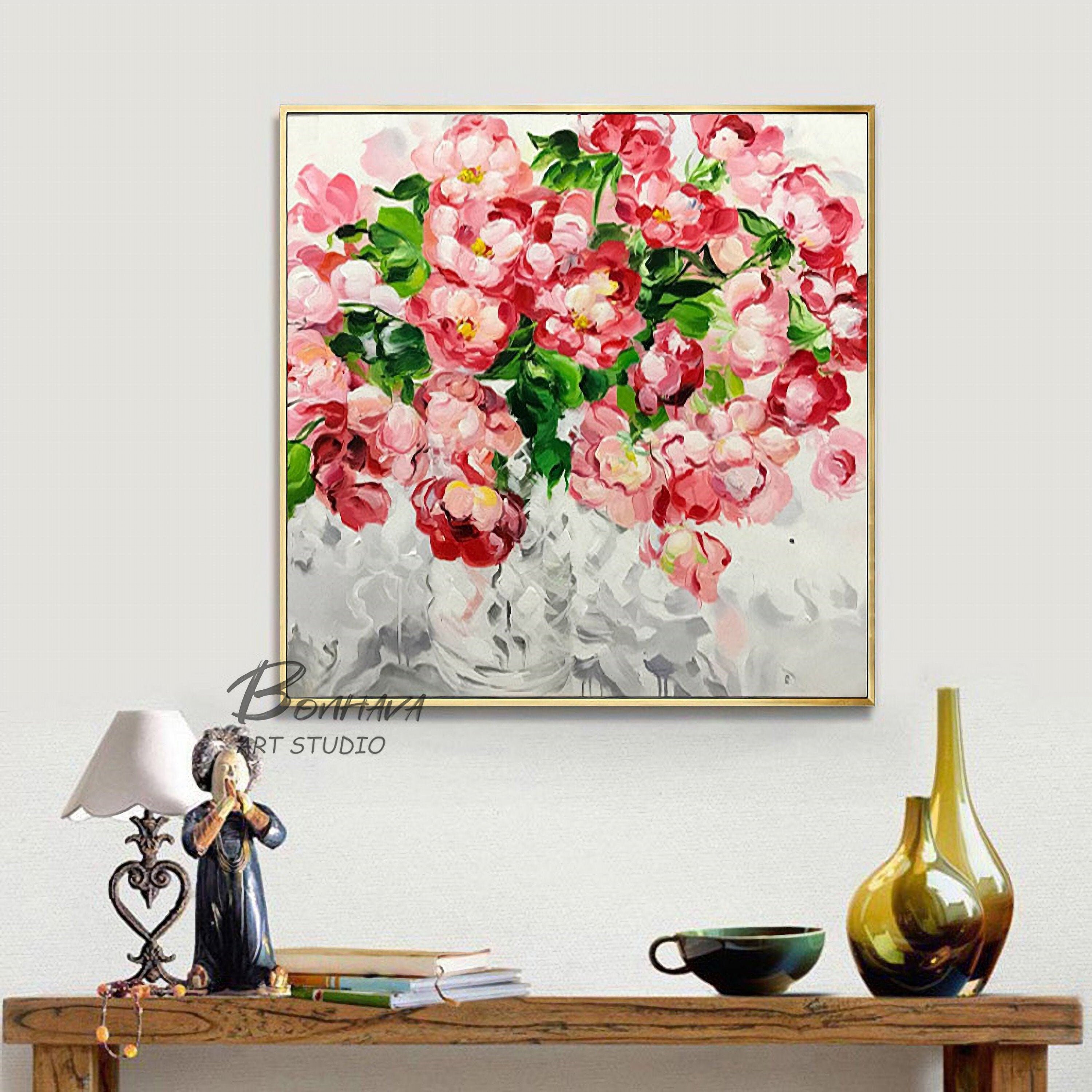 Floral Painting Canvas Artwork: Pink Rose Flower Oil Painting Wall Art on Canvas for Bathroom (24'' x 24'' )