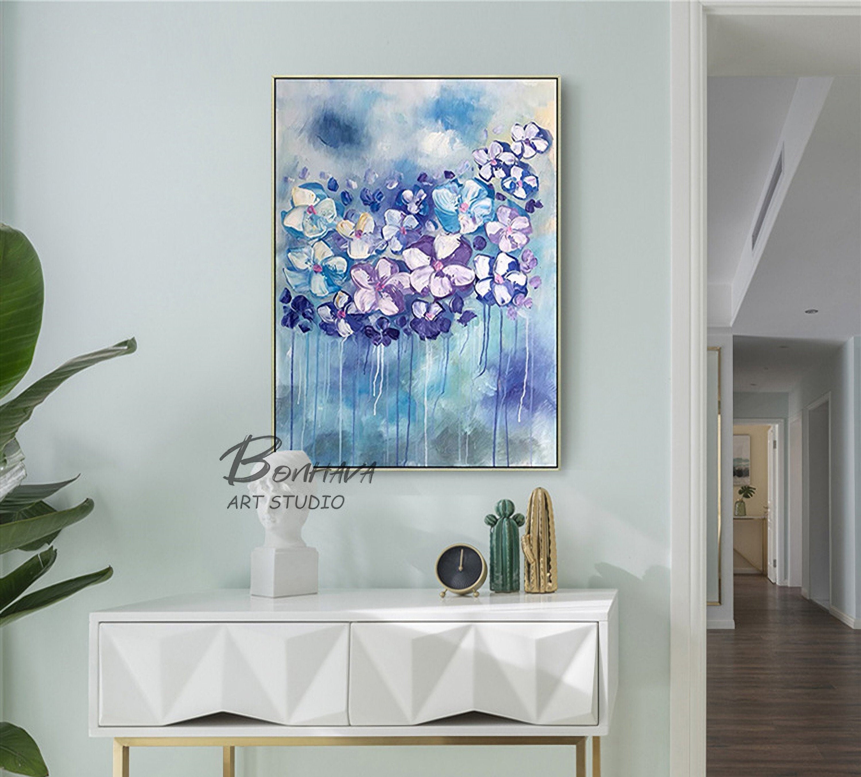 Canvas Wall Art Full Bloosm Flowers Painting Blue Florals Painting, 20"x28" Botanical for Bedroom Living Room