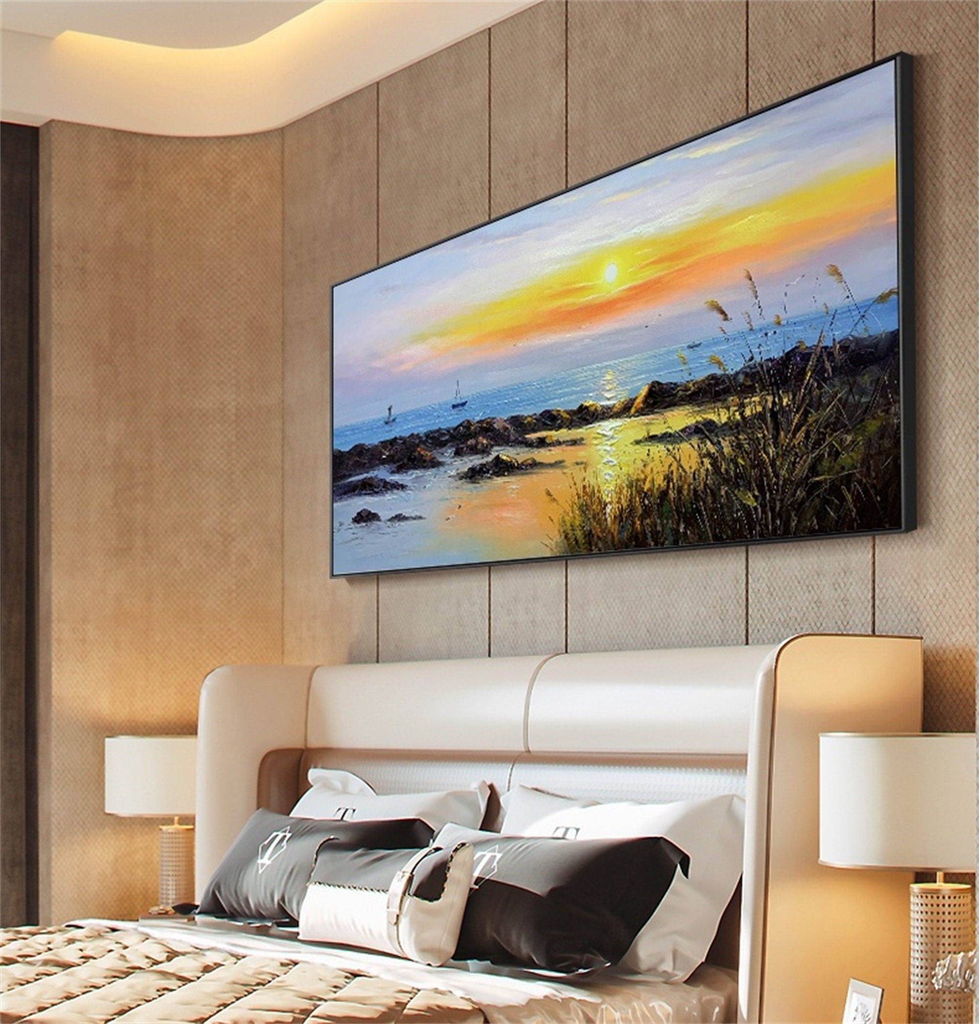 Pure hand painted oil painting living room sofa background wall decoration painting thick oil knife painting sunrise mural