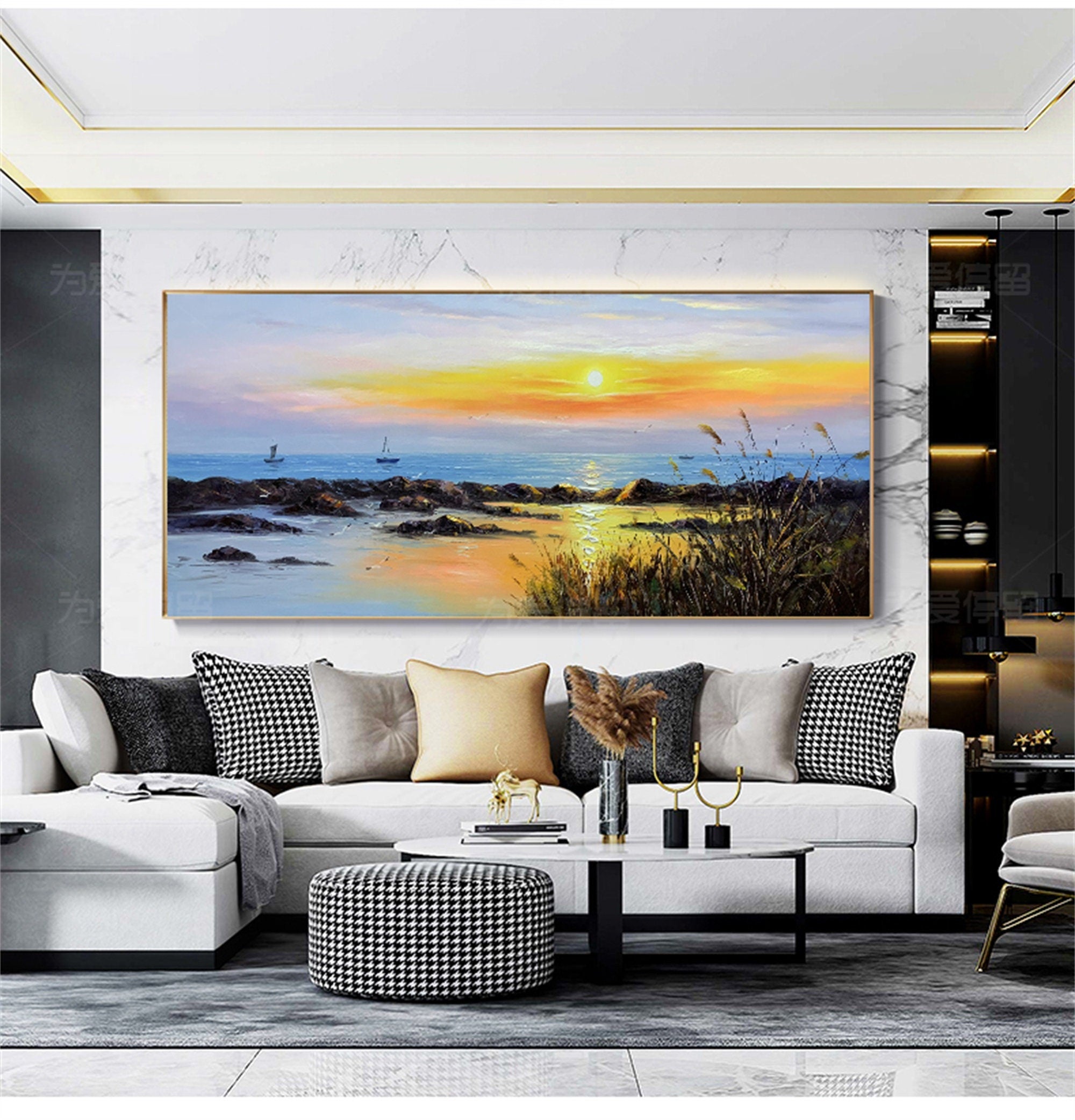 Pure hand painted oil painting living room sofa background wall decoration painting thick oil knife painting sunrise mural