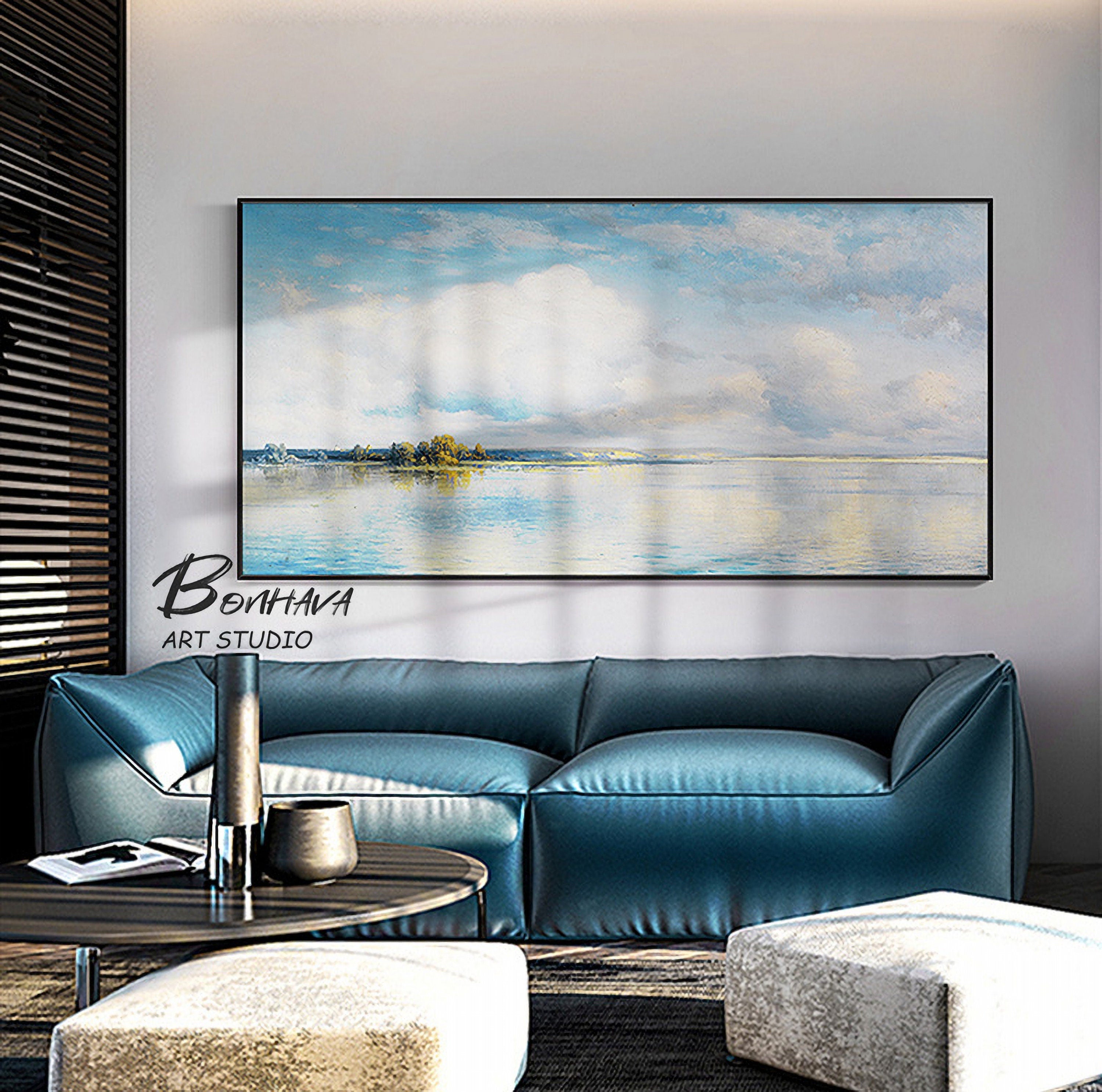 Abstract Canvas Wall Art Oil Painting Blue Sky Lake Natural Landscape 16"x32"