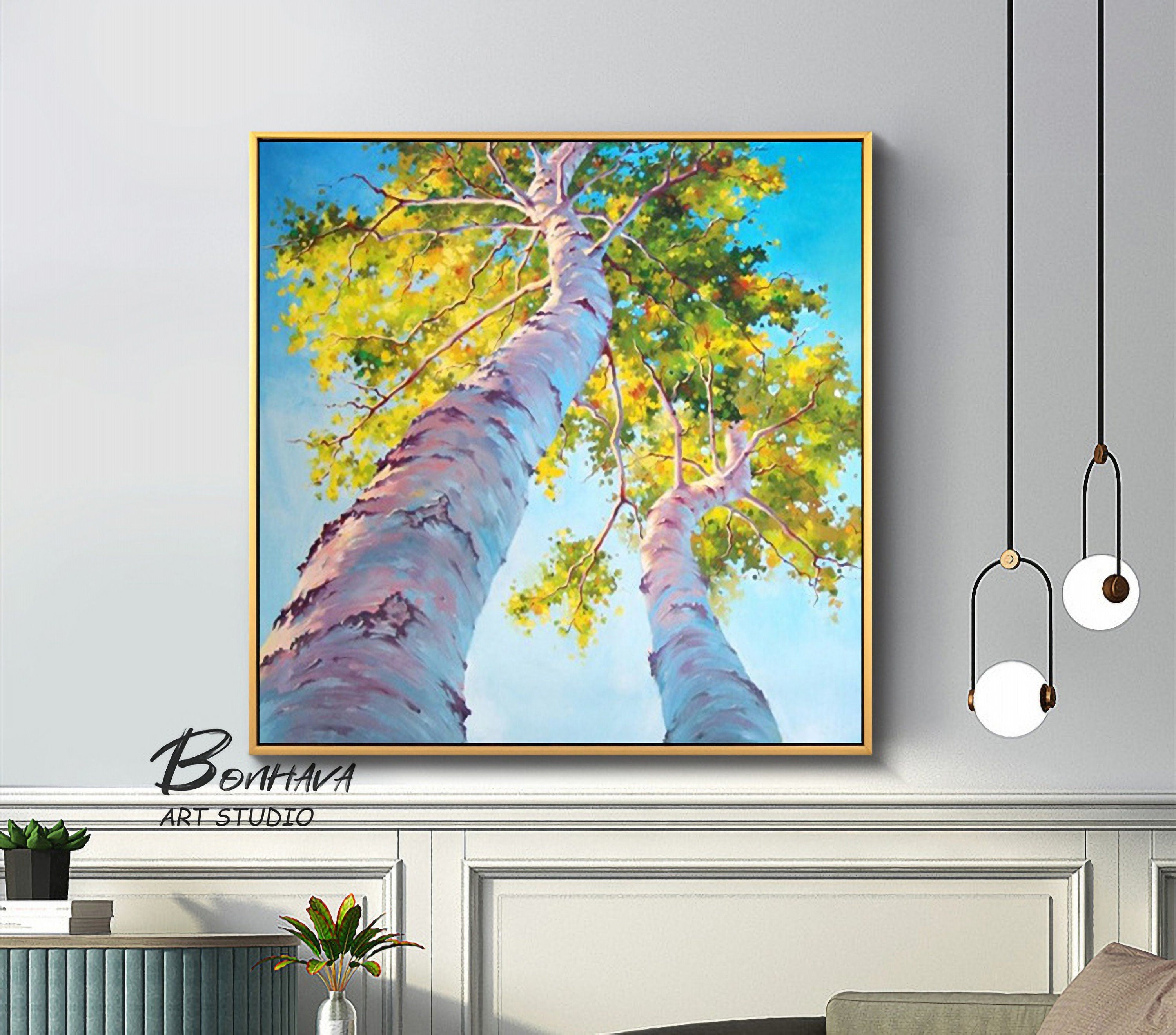Tree Painting Abstract Wall Art: Green Birch Trees Painting Forest Landscape Artwork for Living Room (24” x 24'')