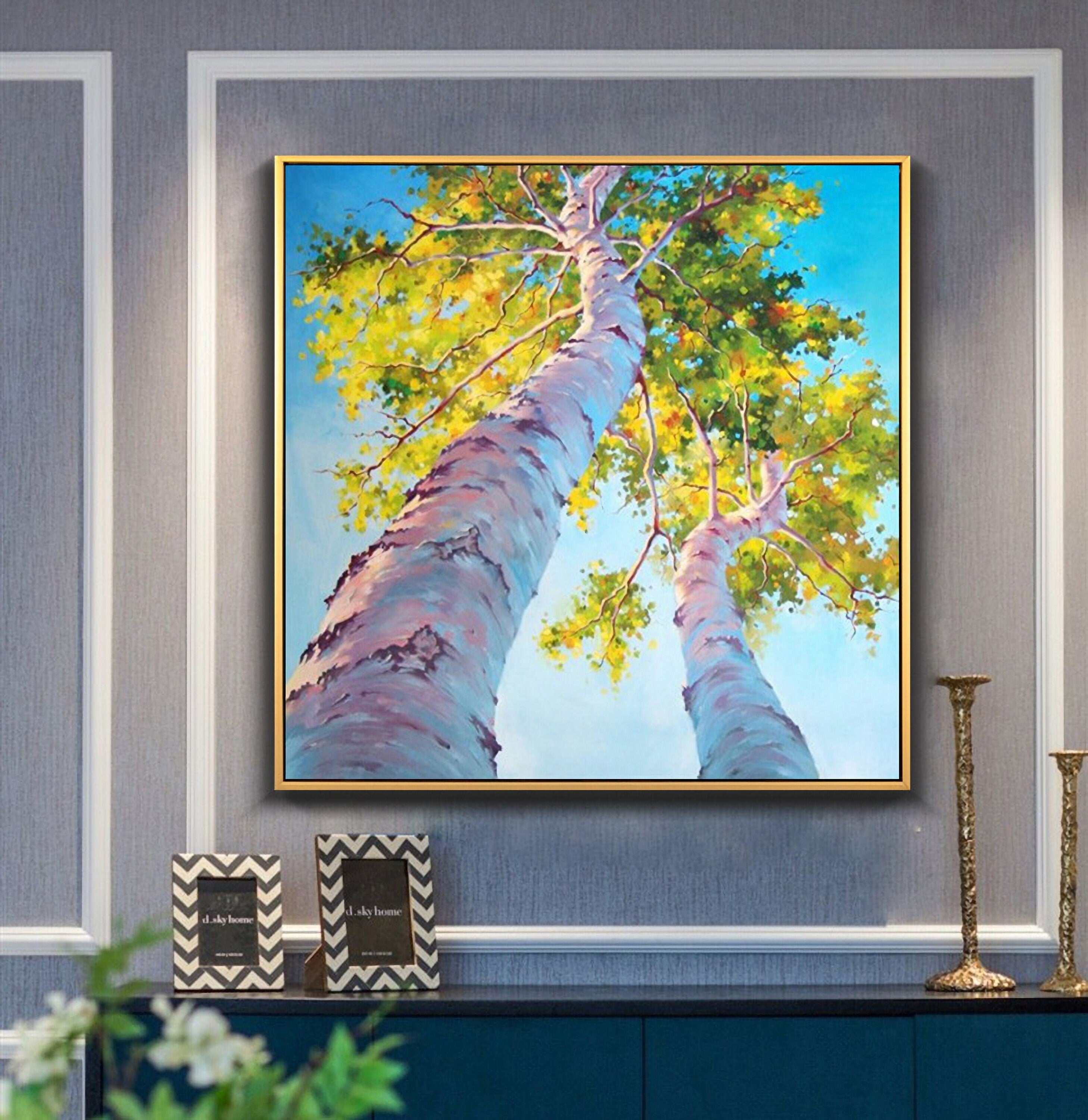 Tree Painting Abstract Wall Art: Green Birch Trees Painting Forest Landscape Artwork for Living Room (24” x 24'')