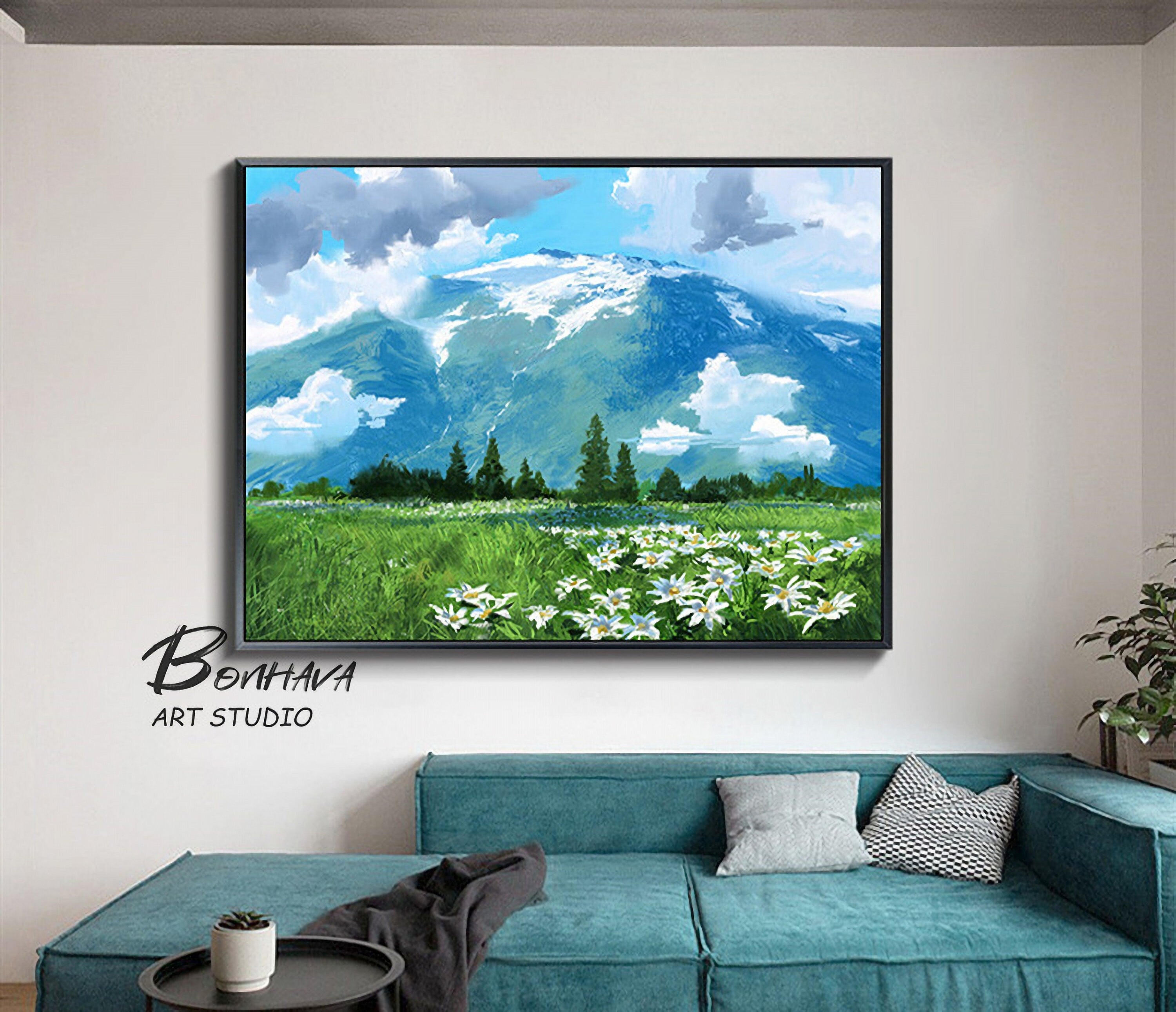 Mountain Painting Canvas Wall Art: Abstract Landscape Artwork Hand Painted on Canvas for Living Room (24” x 36”)
