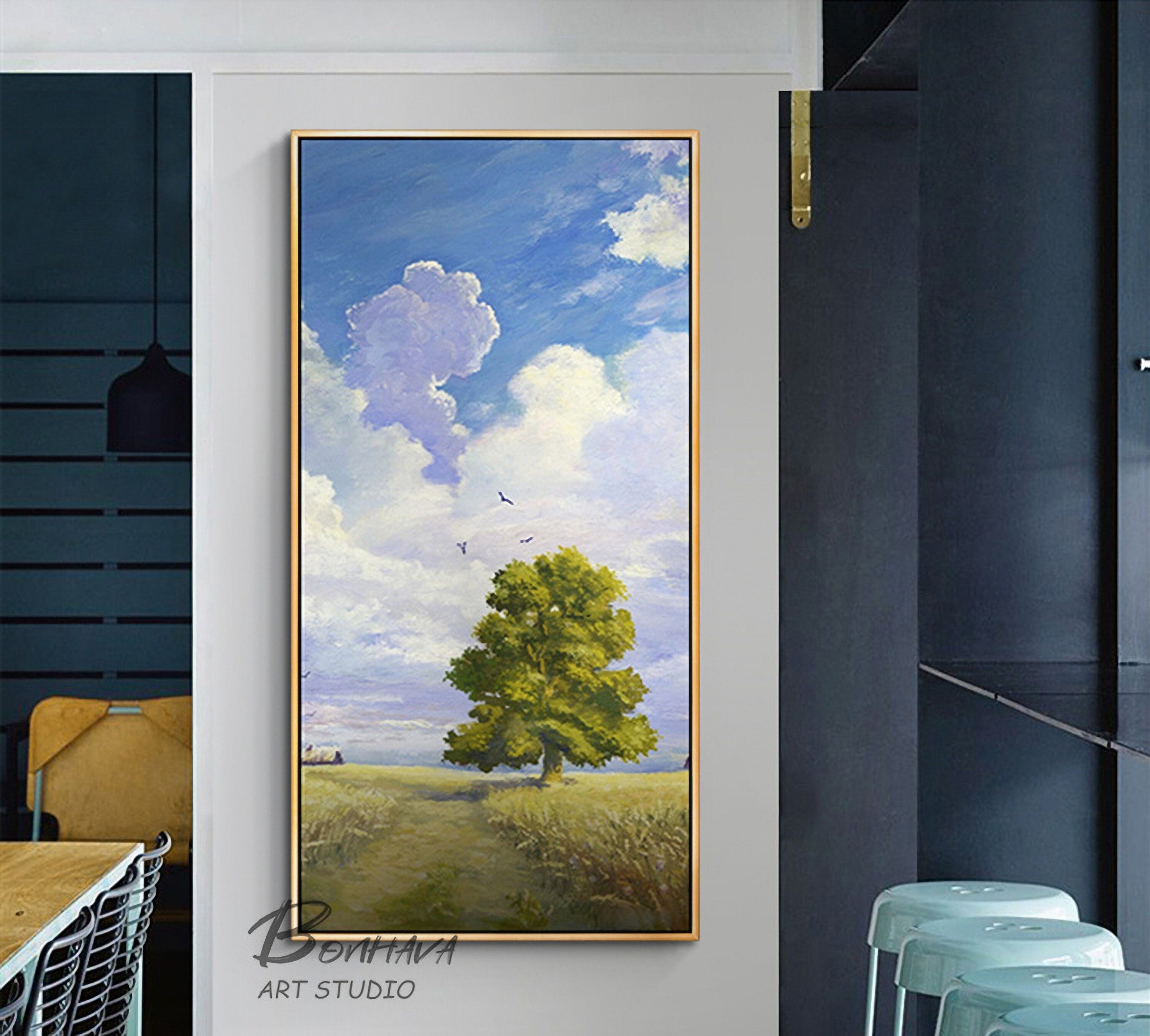 Landscape Oil Painting Original Art Sky and Tree Painting for Living Room Wall Canvas Painting (20''x40'')