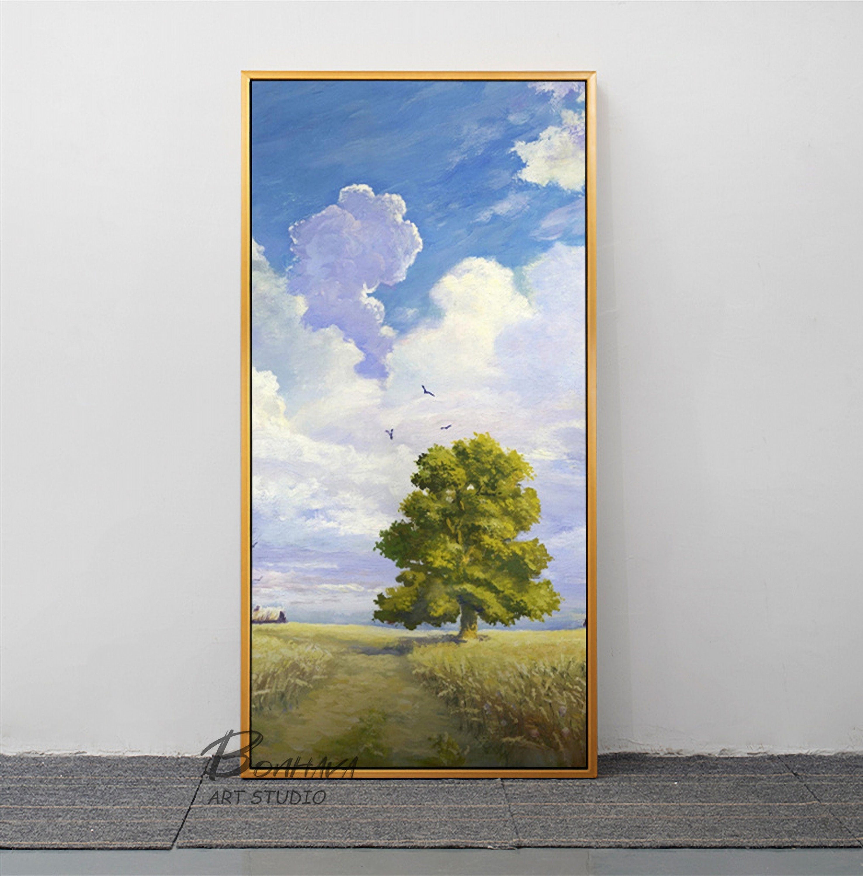 Landscape Oil Painting Original Art Sky and Tree Painting for Living Room Wall Canvas Painting (20''x40'')