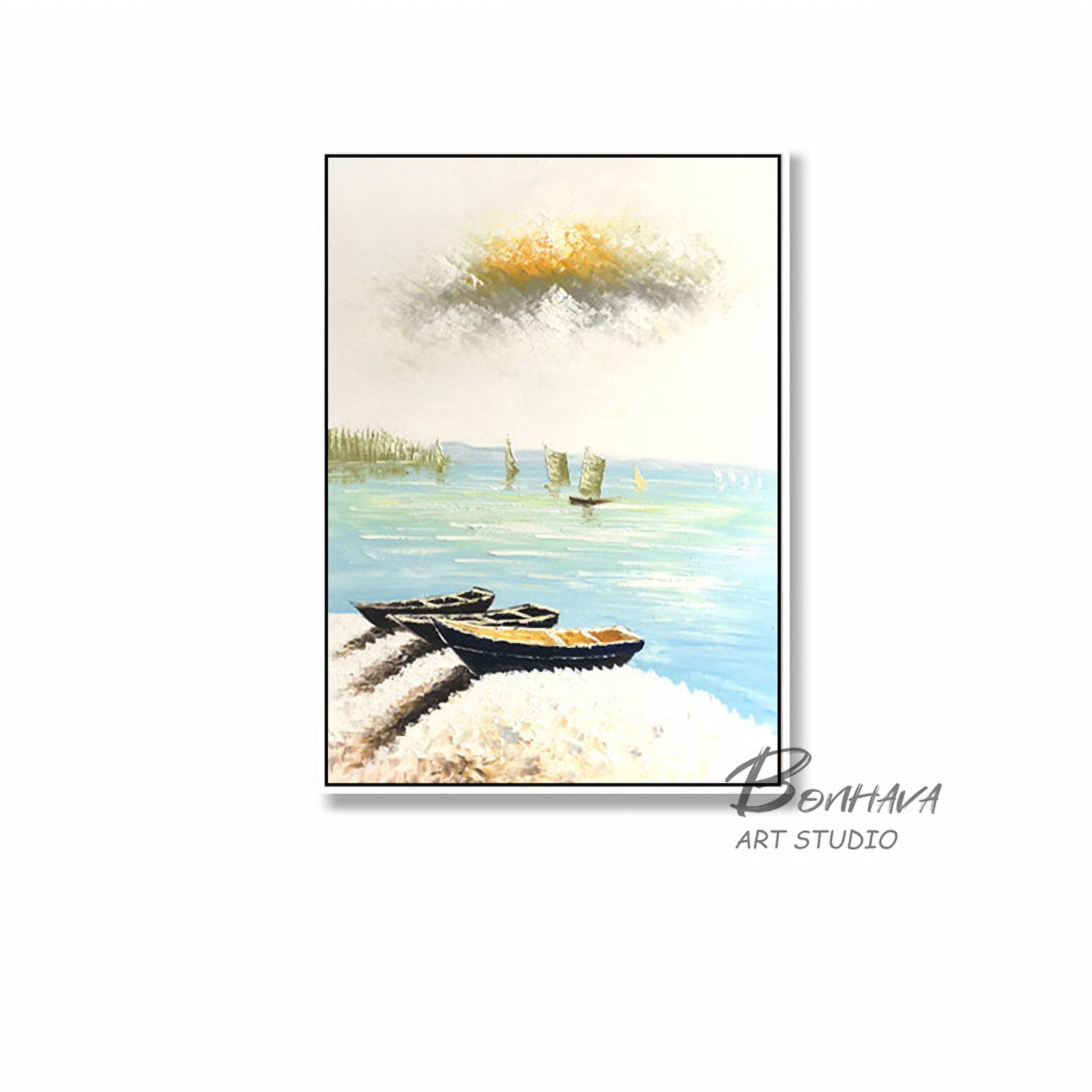 Boat Paintings Canvas Wall Art Landscape Resting Fishing Boats Wall Decor for Living Room Bedroom 20x28 Inch