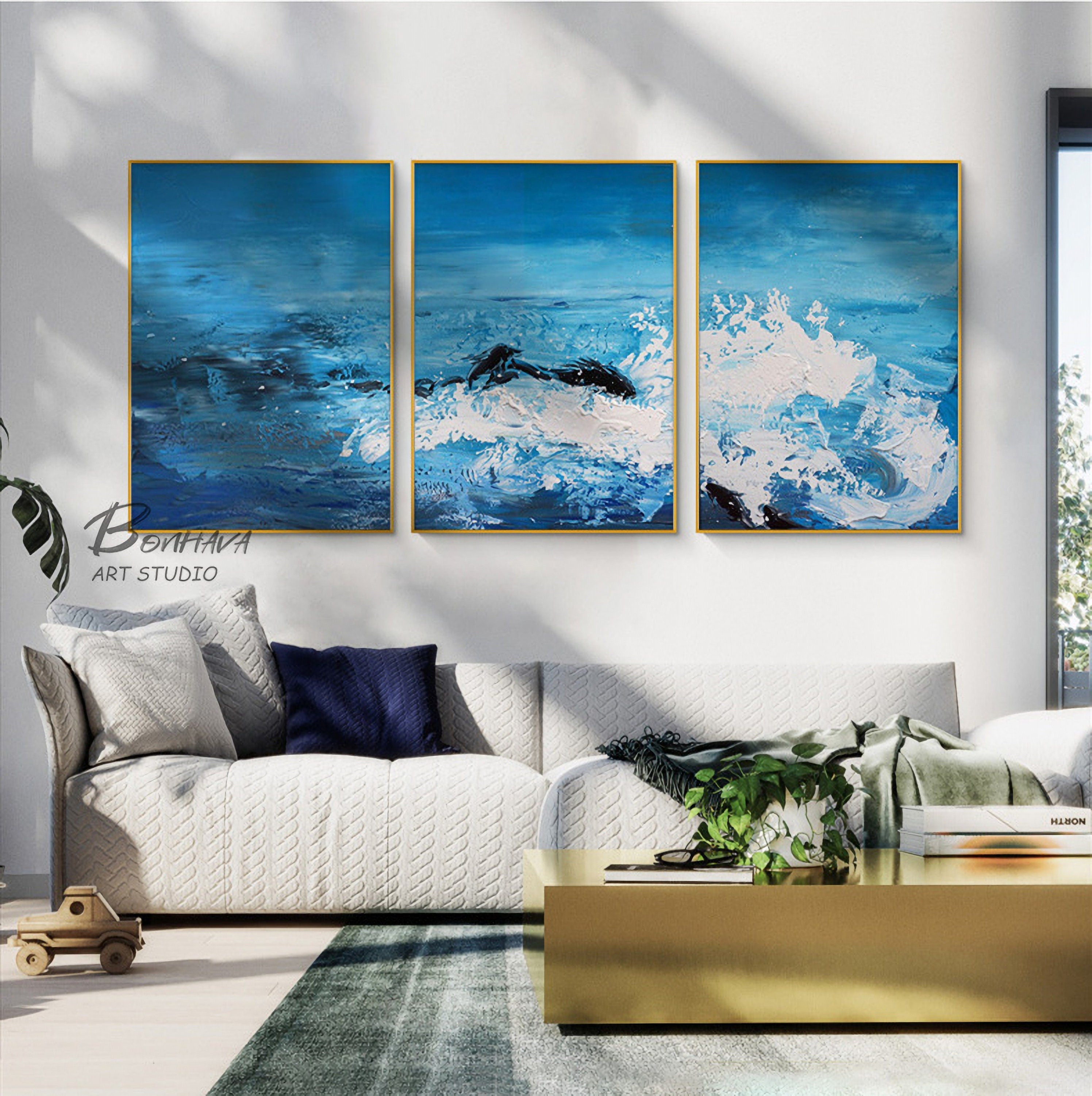 Blue Wave Seascape Wall Art Decor Abstract Canvas Painting Hand-Painted Oil Painting for Home Living Dining Room…