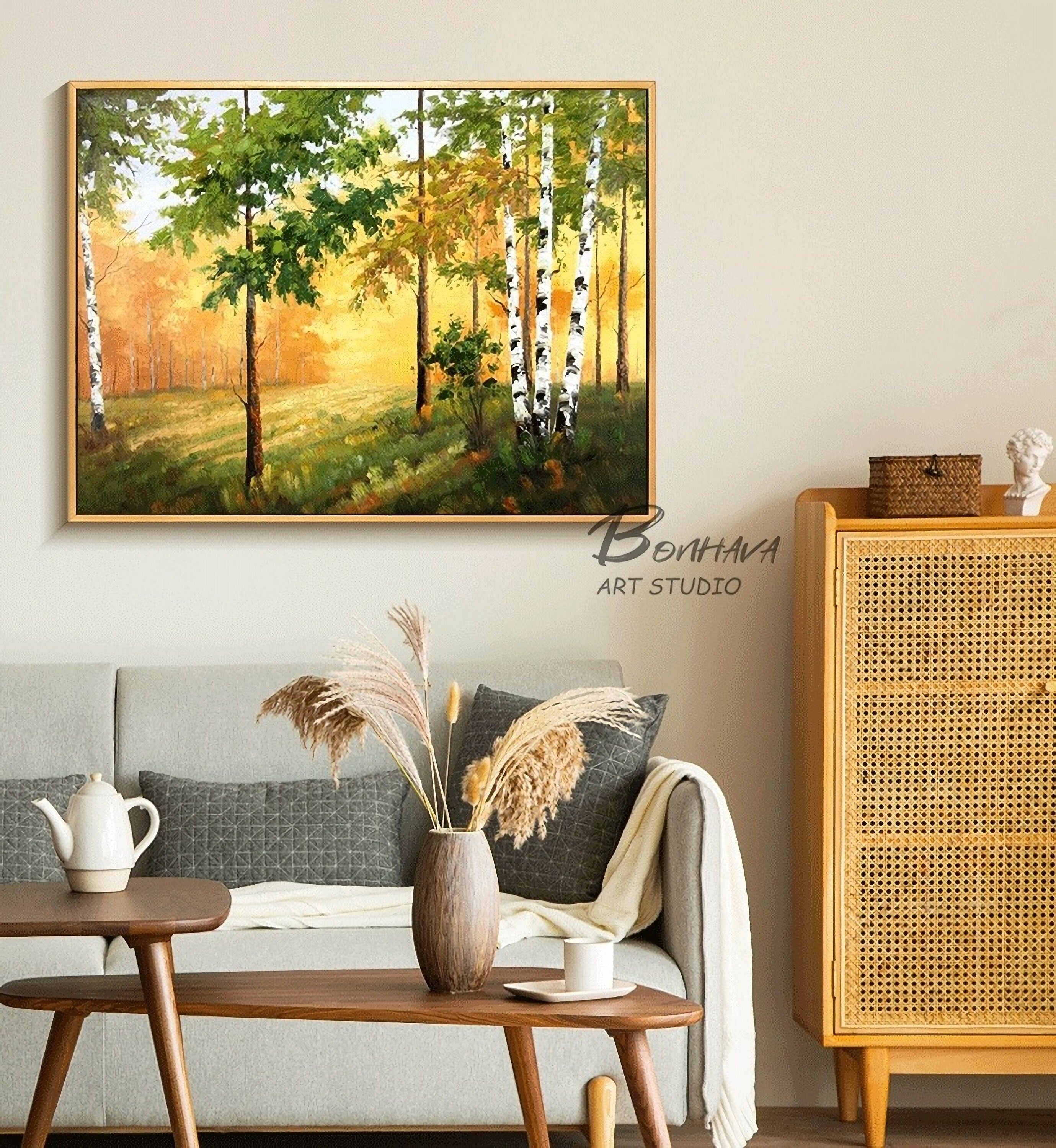 Hand-Painted Forest Wall Art Painting: Green Trees Artwork Landscape Canvas Picture for Wall (28'' x 36'')