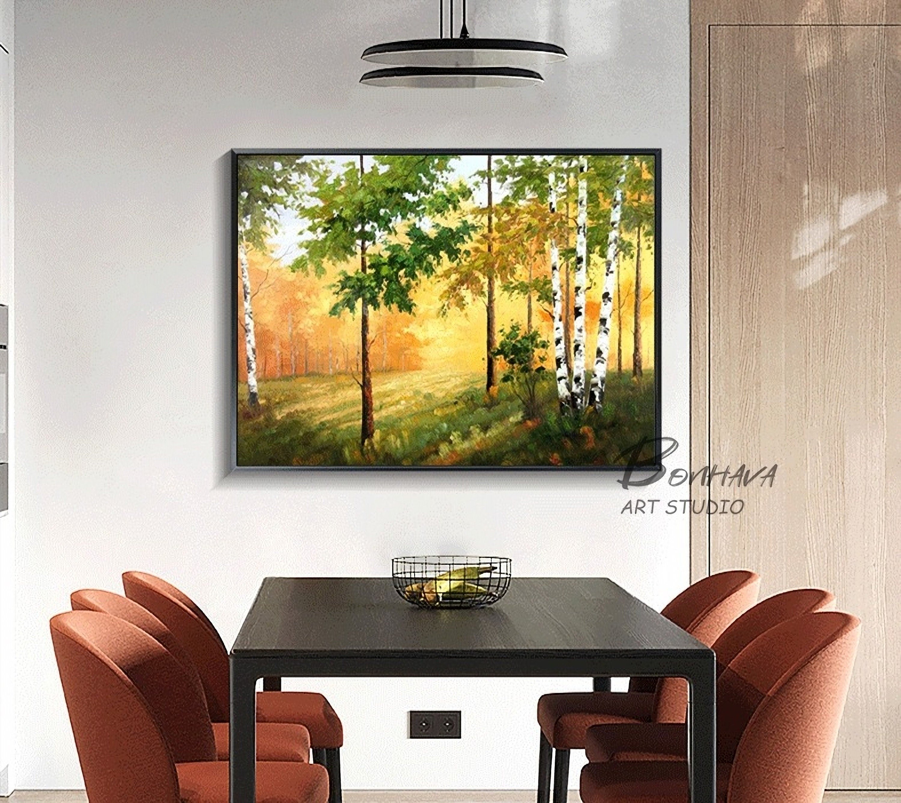 Hand-Painted Forest Wall Art Painting: Green Trees Artwork Landscape Canvas Picture for Wall (28'' x 36'')