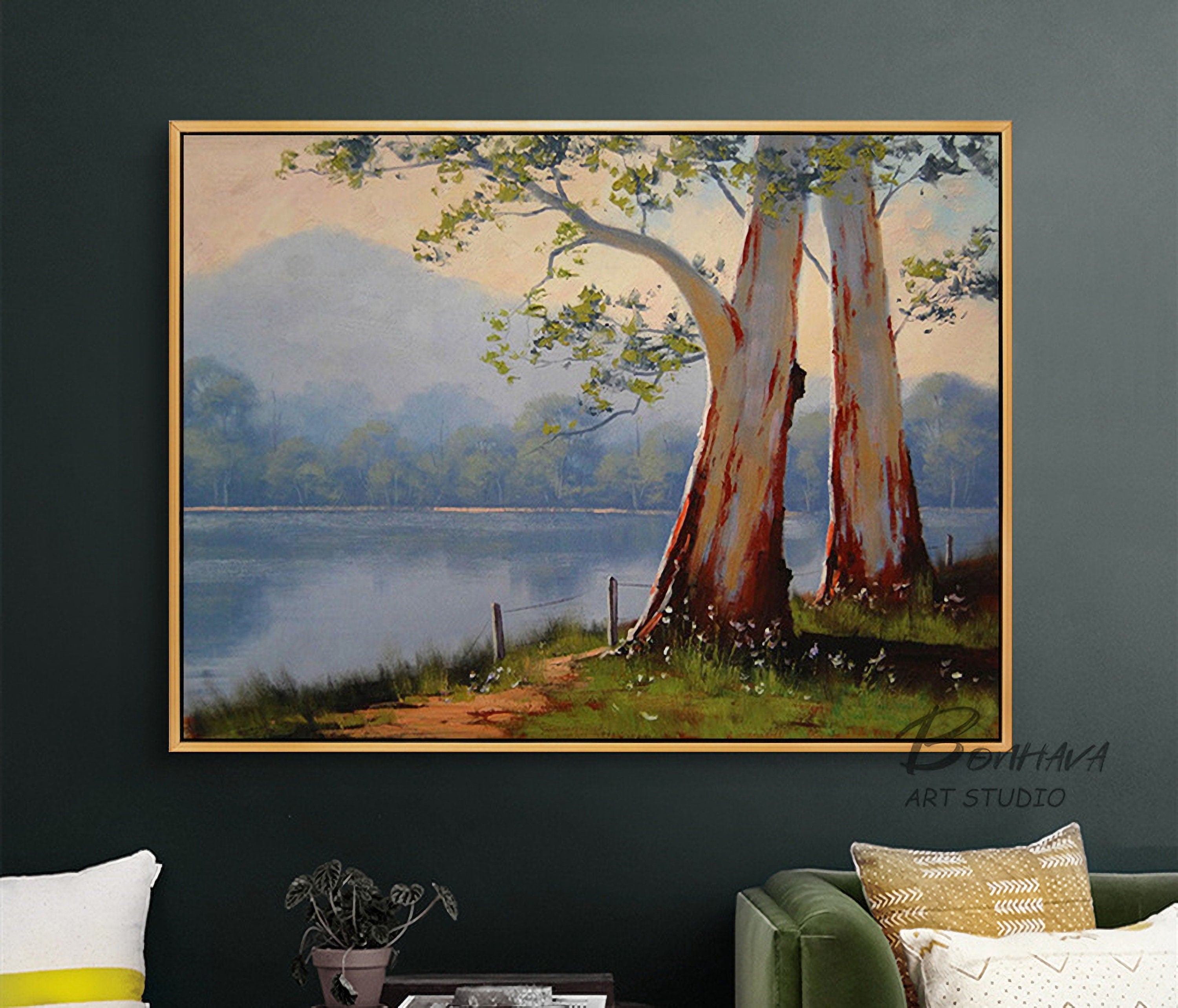 Tree Lake Wall Art Decor Landscape Leaves Forest Canvas Painting Kitchen Pictures for Home Living Dining Room