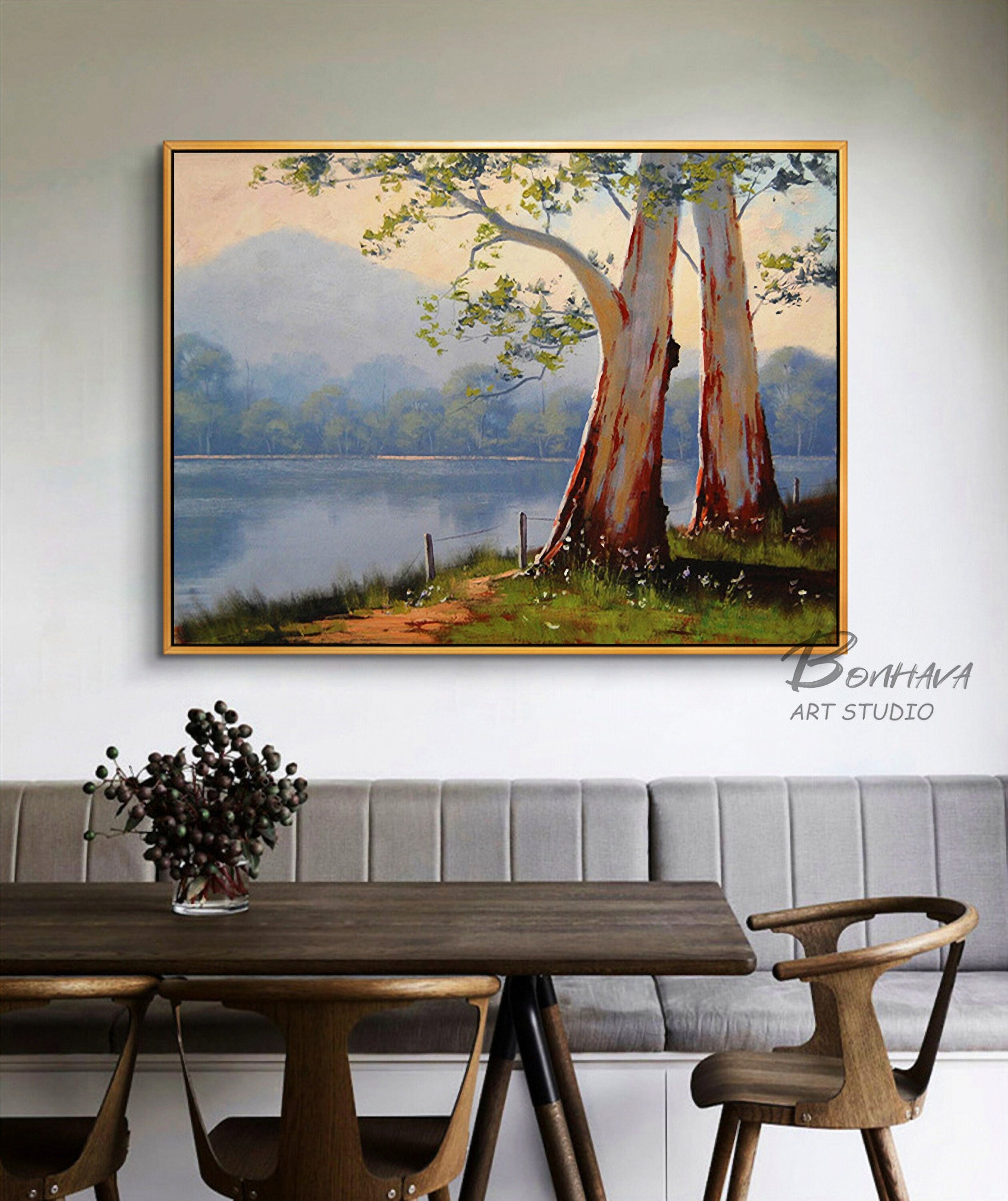 Tree Lake Wall Art Decor Landscape Leaves Forest Canvas Painting Kitchen Pictures for Home Living Dining Room