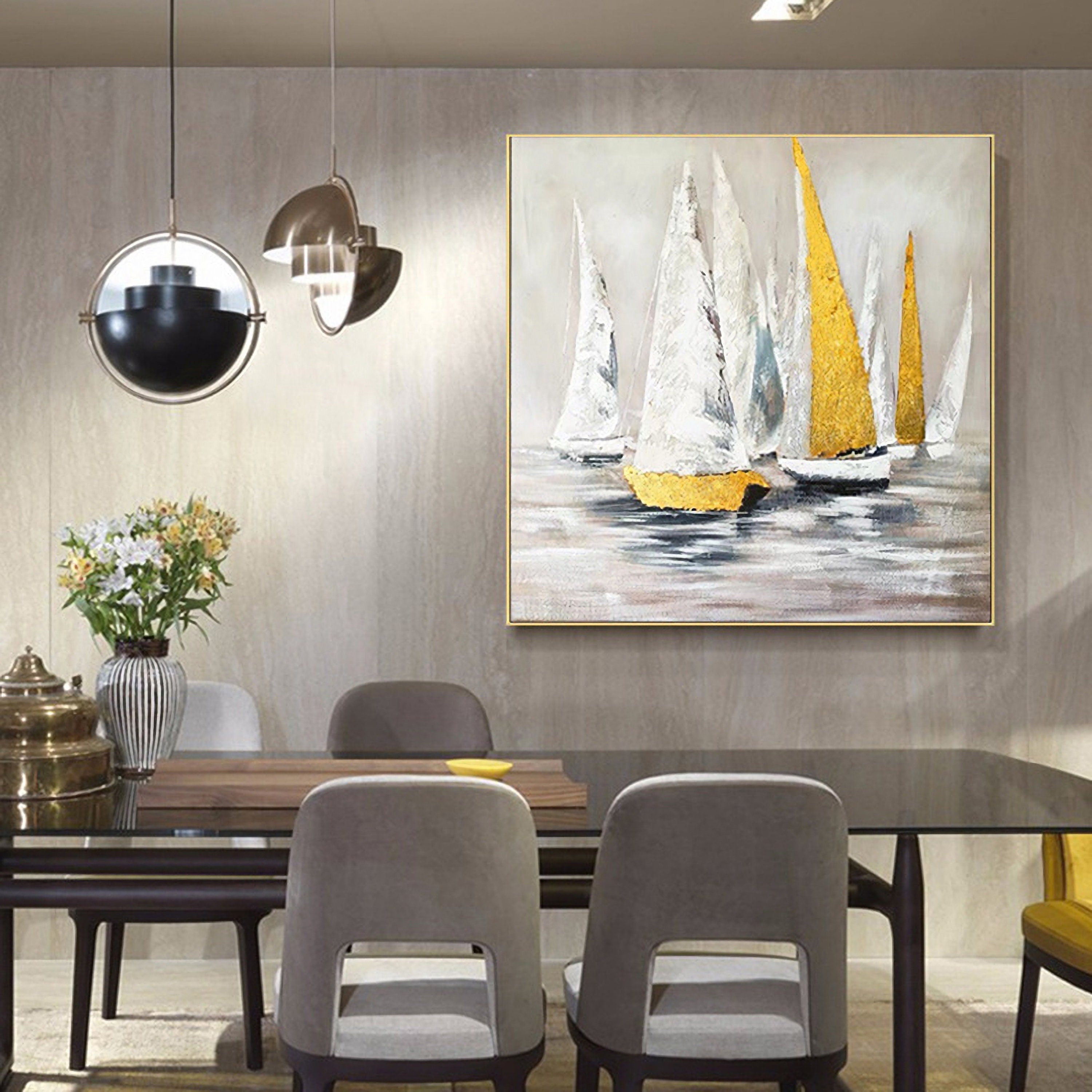 Large sailboat oil painting, Original Sailboats gather in the harbor landscape Artwork, Nautical oil painting art on Canvas