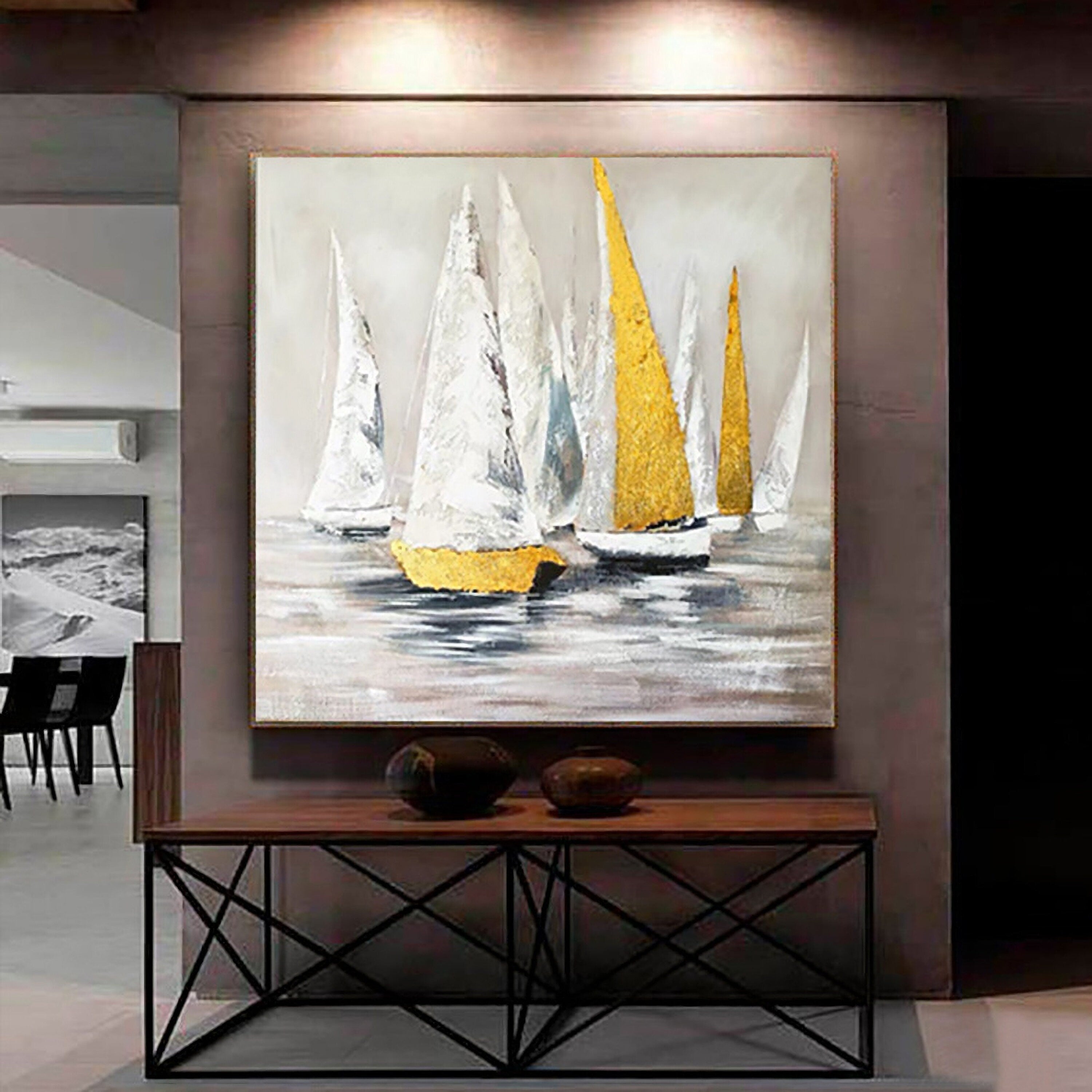 Large sailboat oil painting, Original Sailboats gather in the harbor landscape Artwork, Nautical oil painting art on Canvas