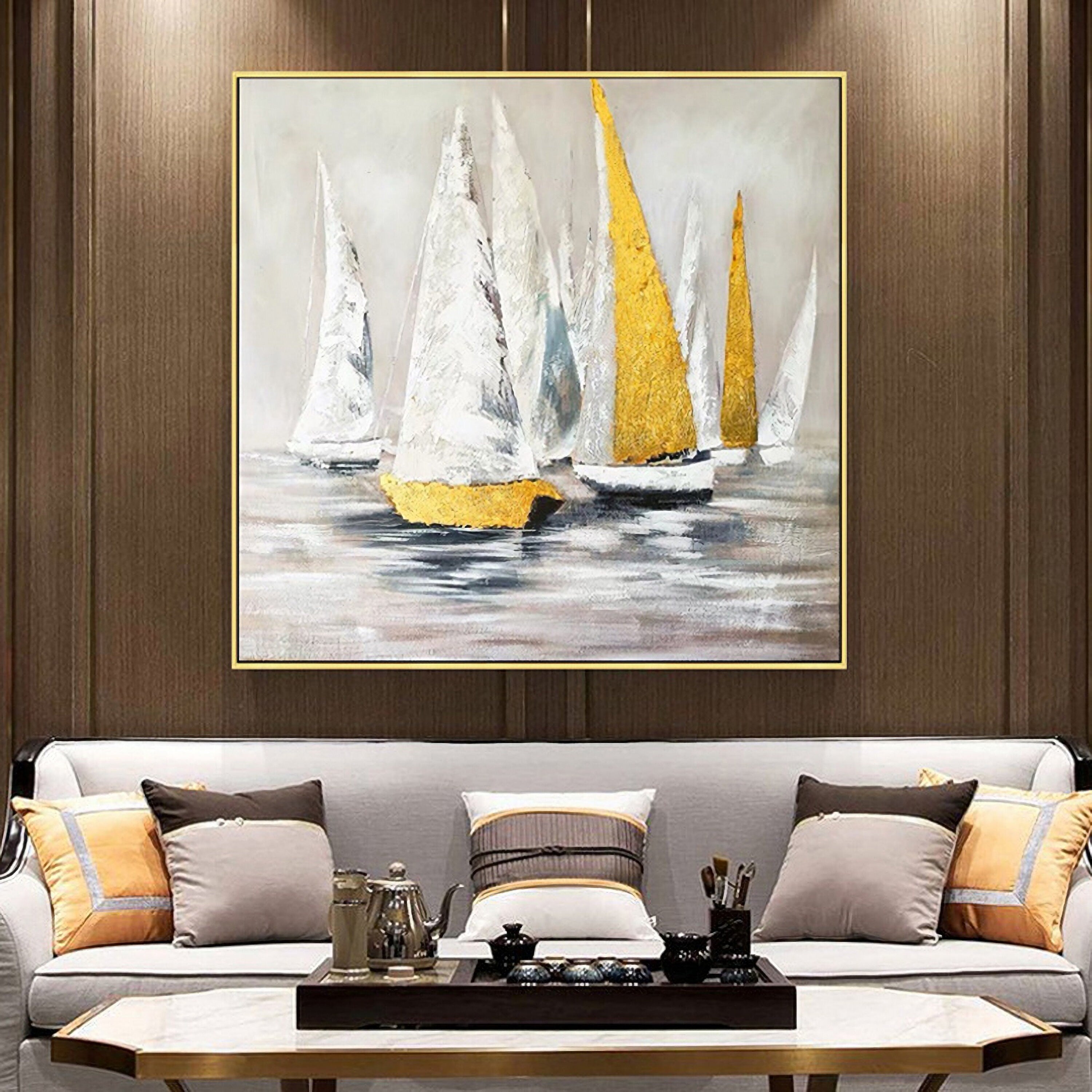 Large sailboat oil painting, Original Sailboats gather in the harbor landscape Artwork, Nautical oil painting art on Canvas