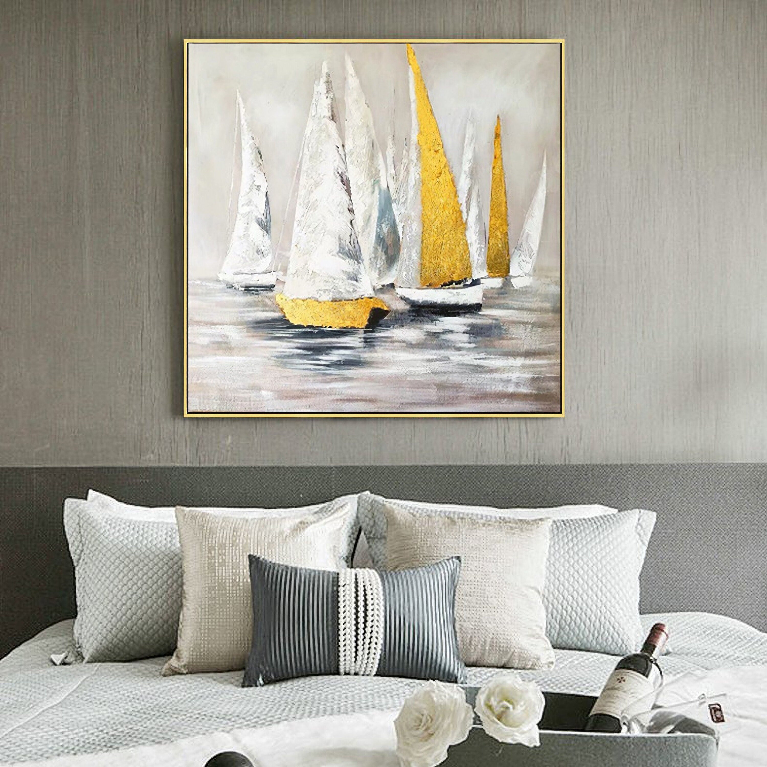 Large sailboat oil painting, Original Sailboats gather in the harbor landscape Artwork, Nautical oil painting art on Canvas