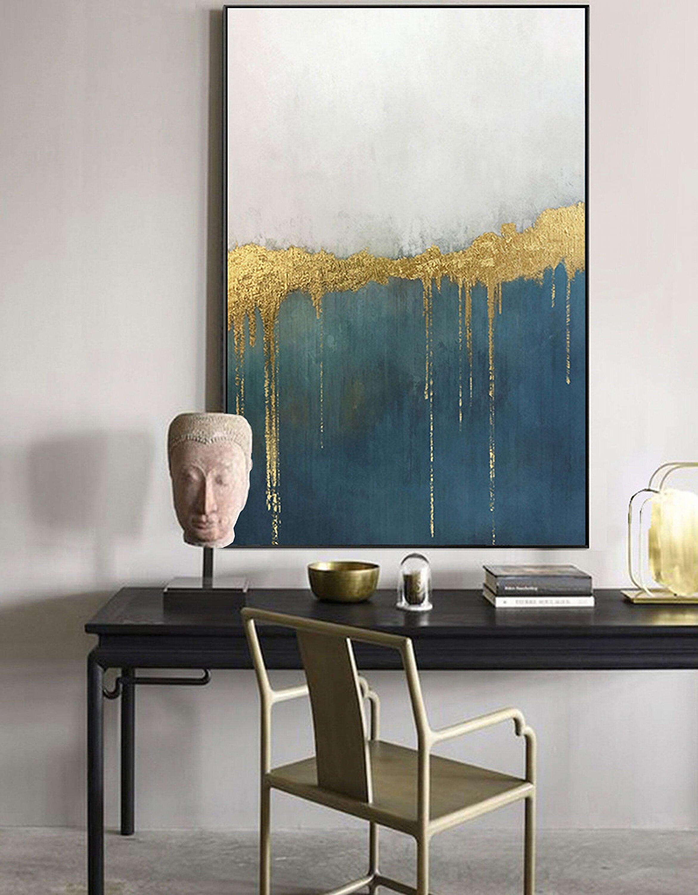 Canvas Painting Wall Art Abstract: Heavy Textured Hand Painted Blue & Gold Foils Picture Artwork for Living Room (32” x…