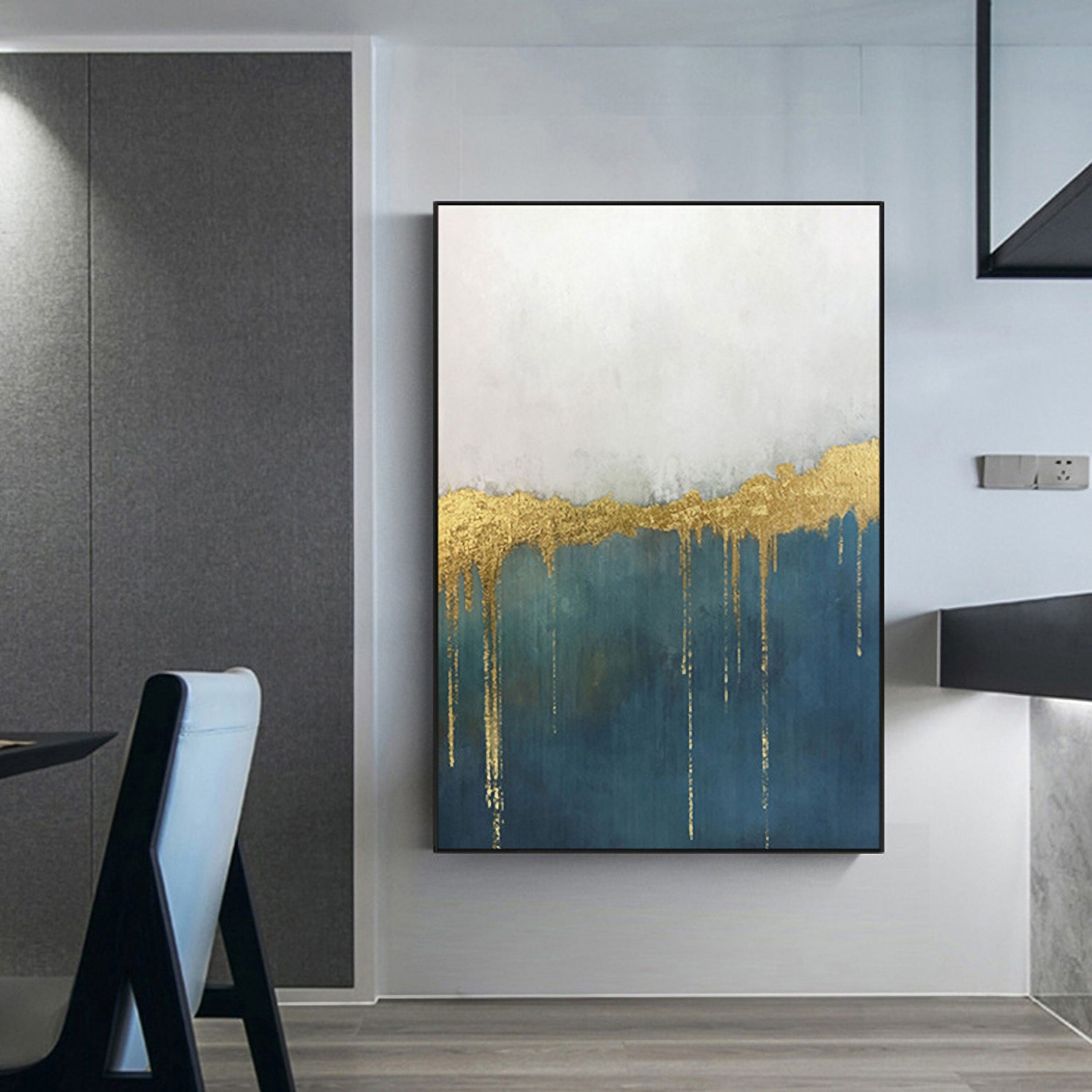 Canvas Painting Wall Art Abstract: Heavy Textured Hand Painted Blue & Gold Foils Picture Artwork for Living Room (32” x…