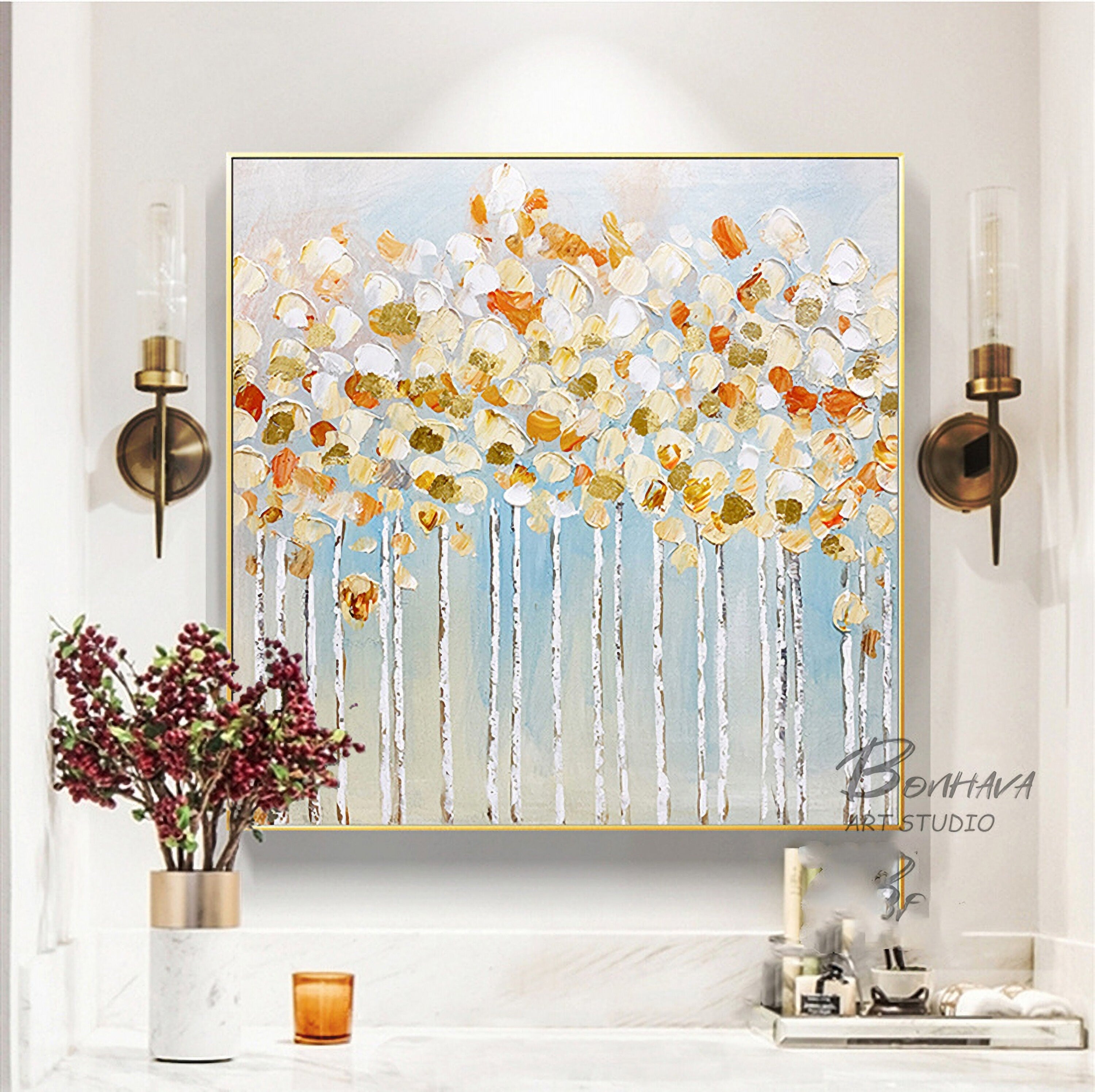 Abstract Flowers Painting Bloosom Modern Floral Pallet Knife Painting for Bedroom Kitchen Dinning Room Living Room Office…