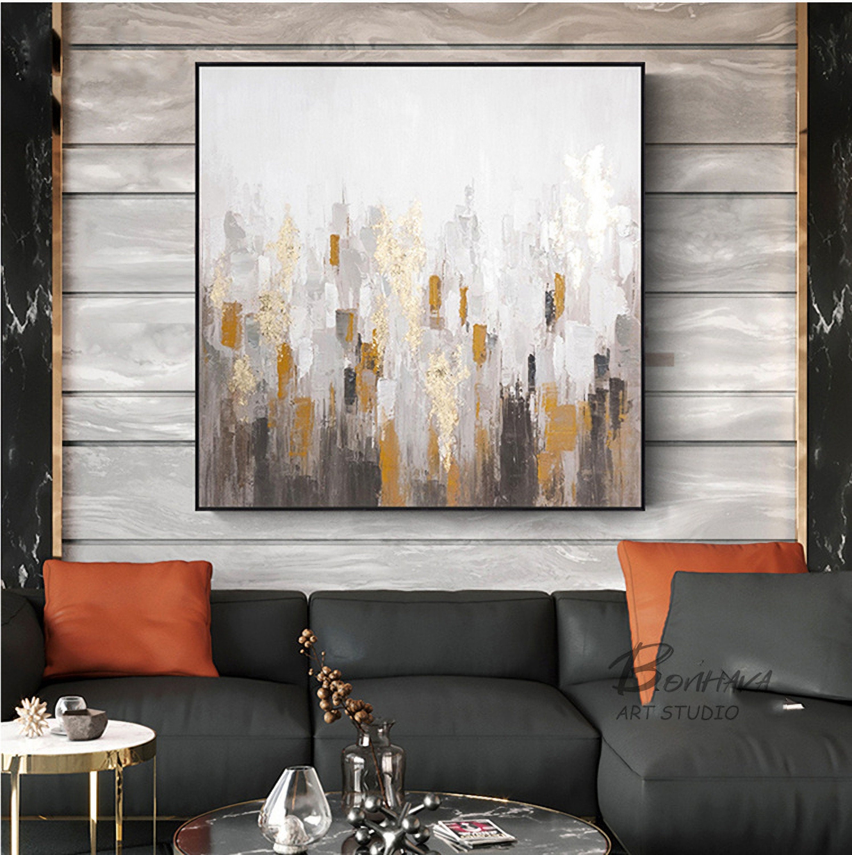 Abstract Golden Canvas Wall Art: Modern Painting Hand Painted Artwork on Canvas for Living Room (24'' x 24'')