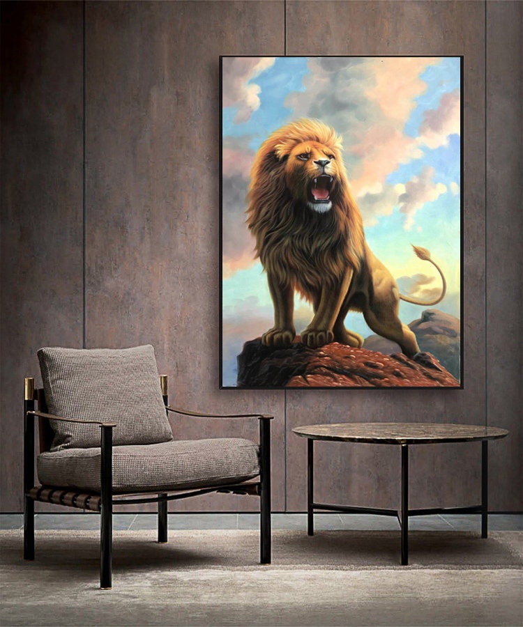 Original Lion Oil Painting, Roaring Lion Painting on Canvas, Animal Portrait Wall Art, 24*36 inches