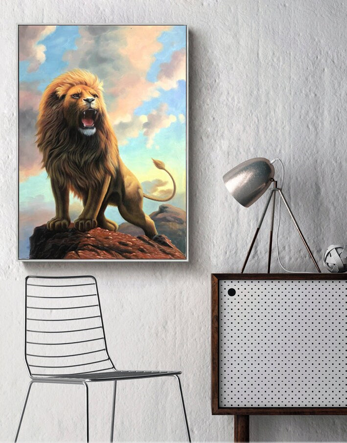 Original Lion Oil Painting, Roaring Lion Painting on Canvas, Animal Portrait Wall Art, 24*36 inches