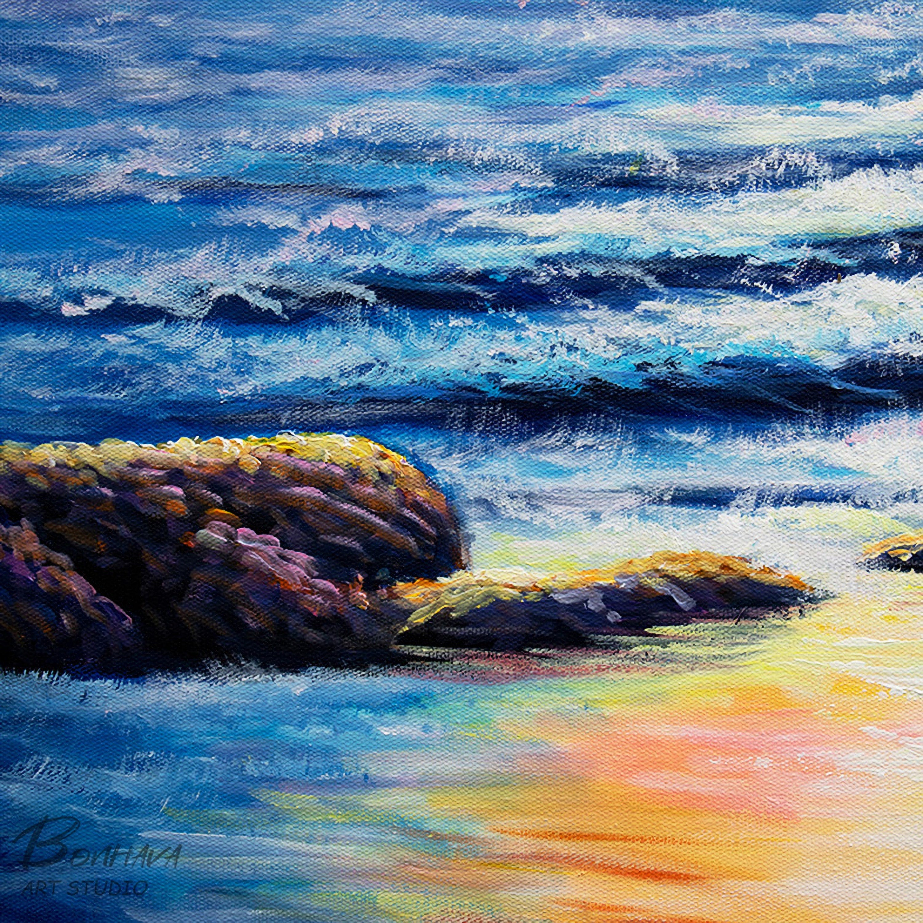 Sea Spray and Sunrise Wall Art, Ocean Oil Painting On Canvas, Seascape Pictures for Home Decor