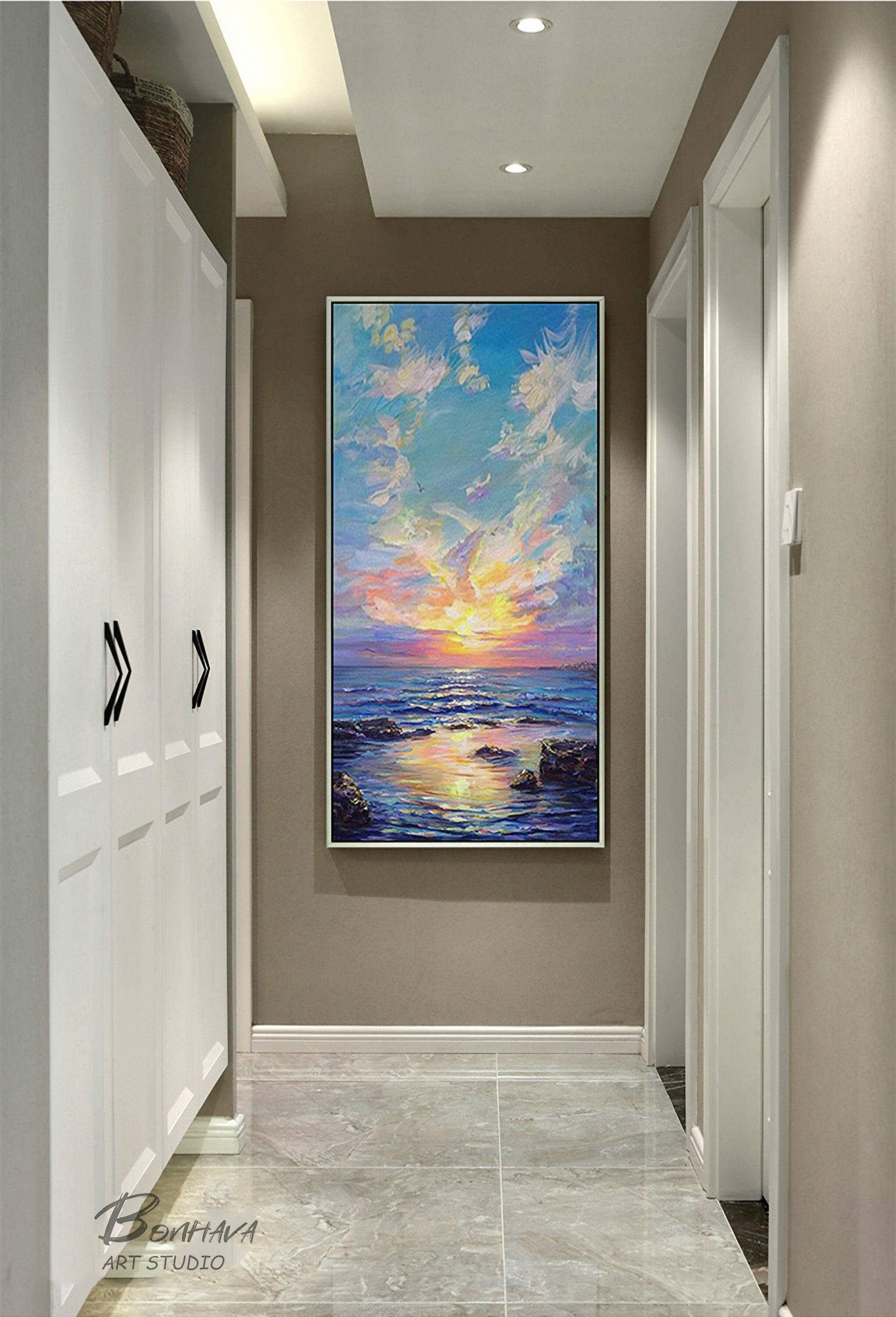Sea Spray and Sunrise Wall Art, Ocean Oil Painting On Canvas, Seascape Pictures for Home Decor