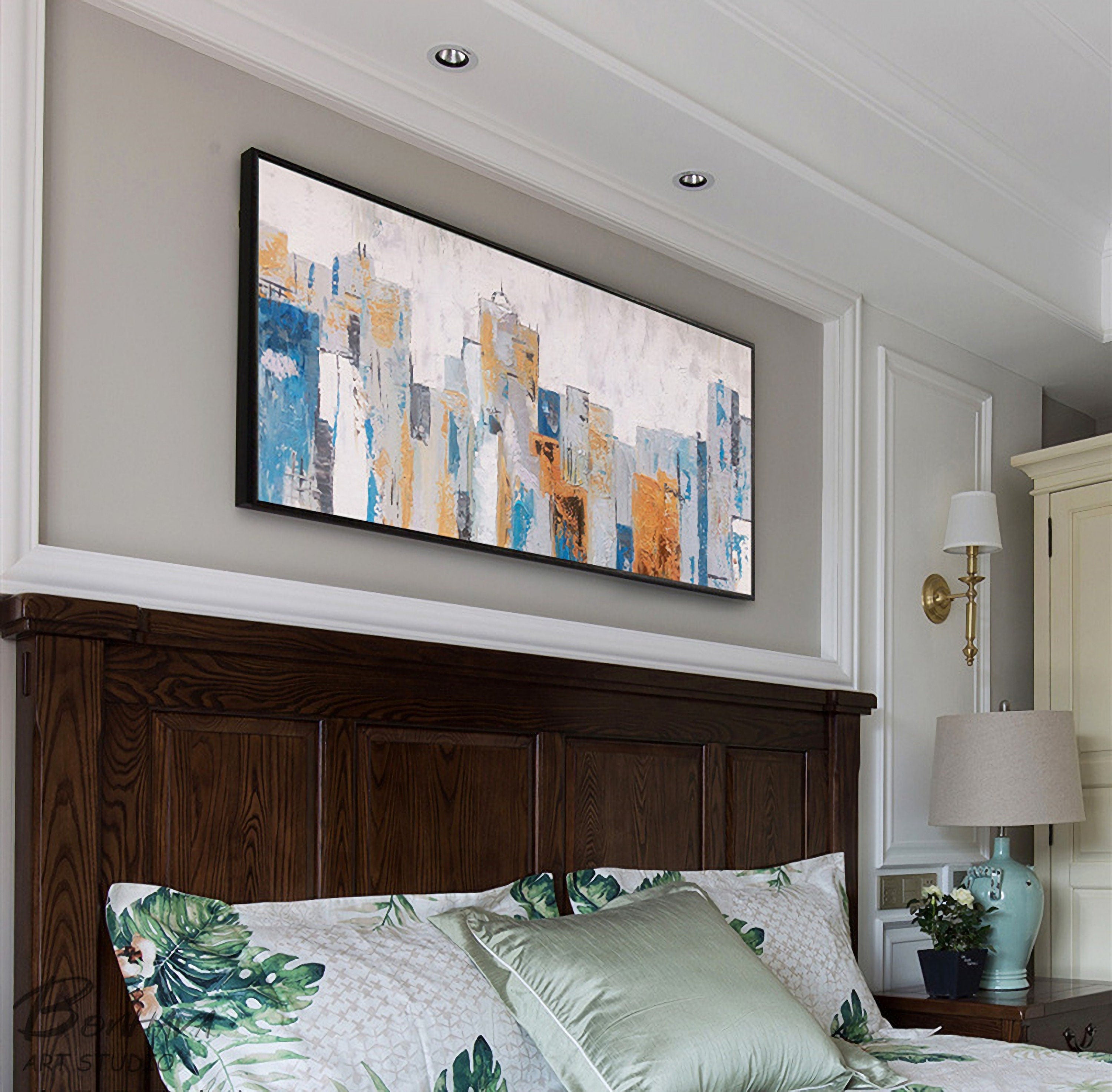 Abstract City Canvas Wall Art, Blue Cityscape Artwork, Buildings Acrylic Painting for Bathroom