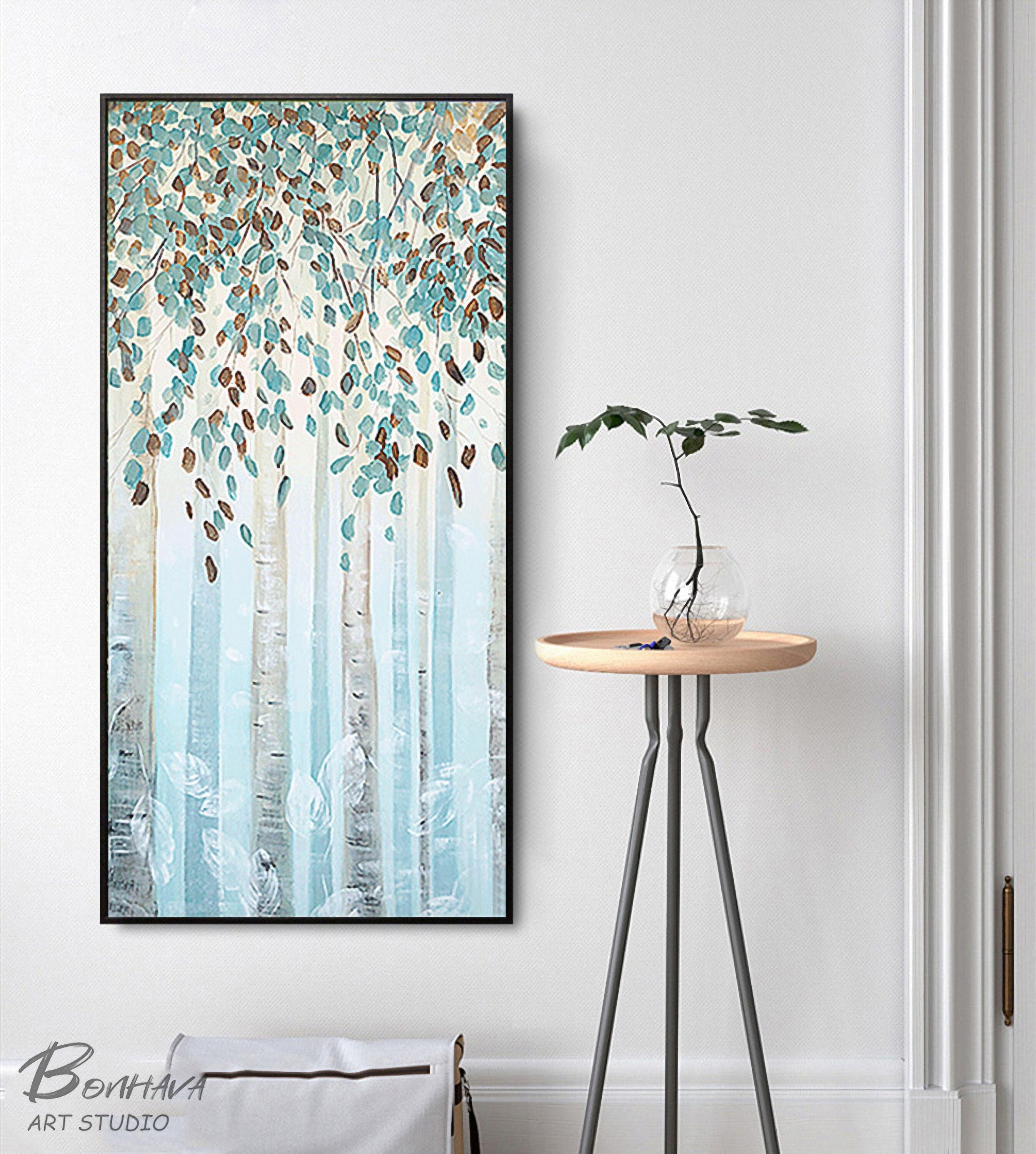 Birch Tree Canvas Wall Art, Blue Forest Painting, Modern Landscape Canvas Art, Hand-Painted Oil Painting