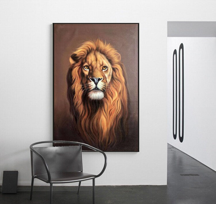 Animal Painting on Canvas, Original Lion Oil Painting, Lion Canvas Wall Art, Realistic Lion Artwork, 60*90cm