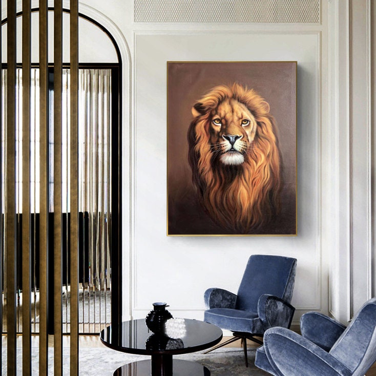 Animal Painting on Canvas, Original Lion Oil Painting, Lion Canvas Wall Art, Realistic Lion Artwork, 60*90cm