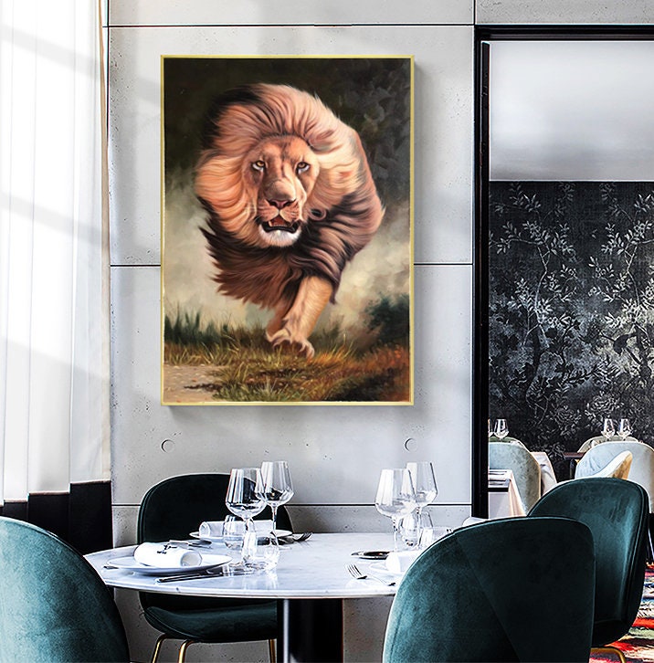 Original Animal Oil Painting, Running Lion Painting, Lion Canvas Wall Art, Animal Paintings on Canvas, 24*36 inches