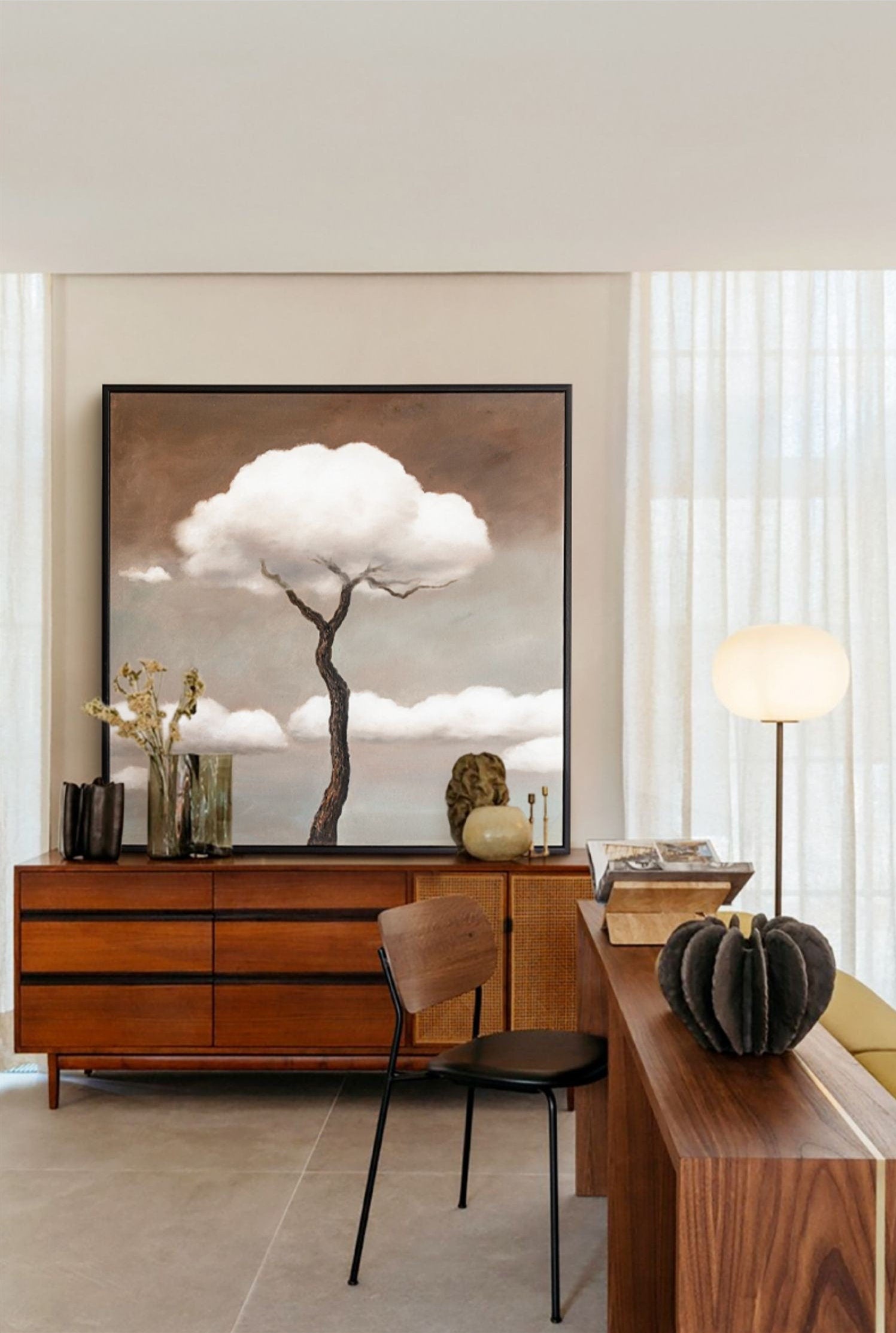 Original Surreal Oil Painting, Tree and Clouds Abstract Painting, Large Abstract Wall Art, Surrealism Canvas Painting
