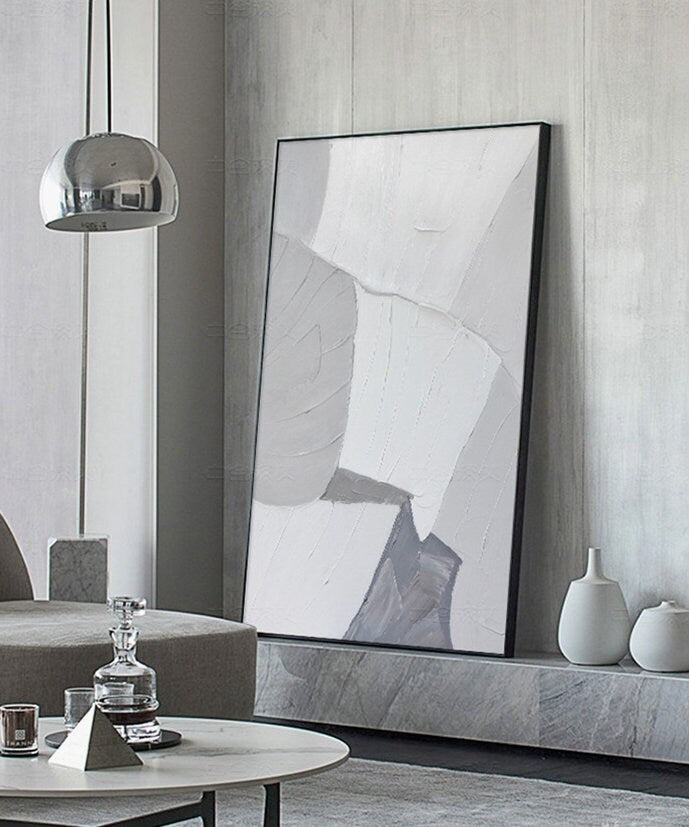 Large Minimalist Abstract Painting, Gray and White Acrylic Painting, Abstract Canvas Wall Art, Abstract Art on Canvas