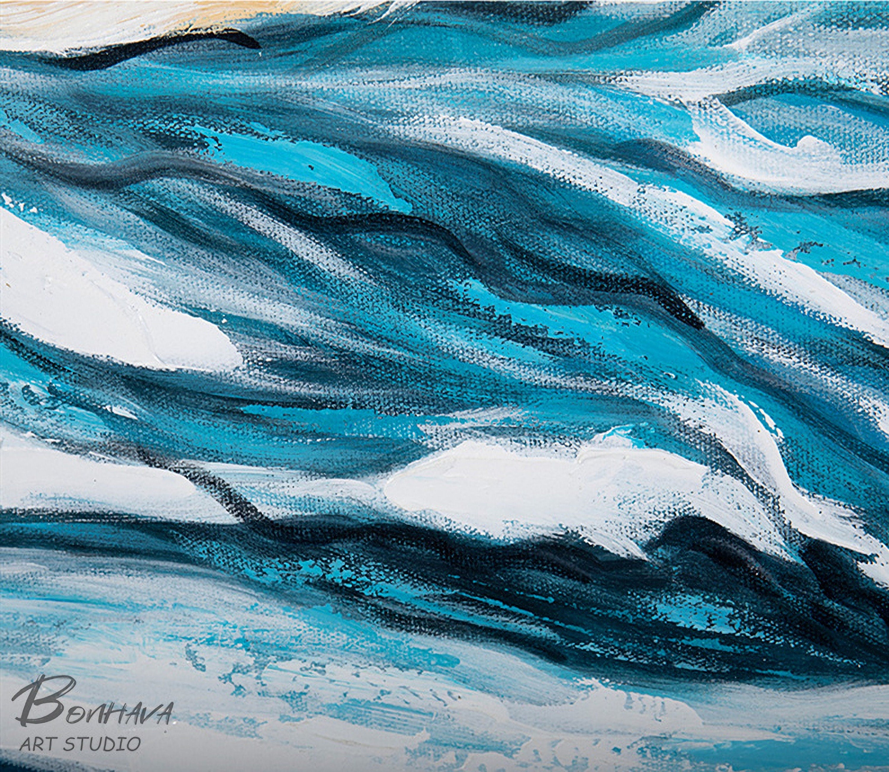 Large Blue Ocean Wall Art, Original Abstract Seascape, Sea Wave Painting on Canvas