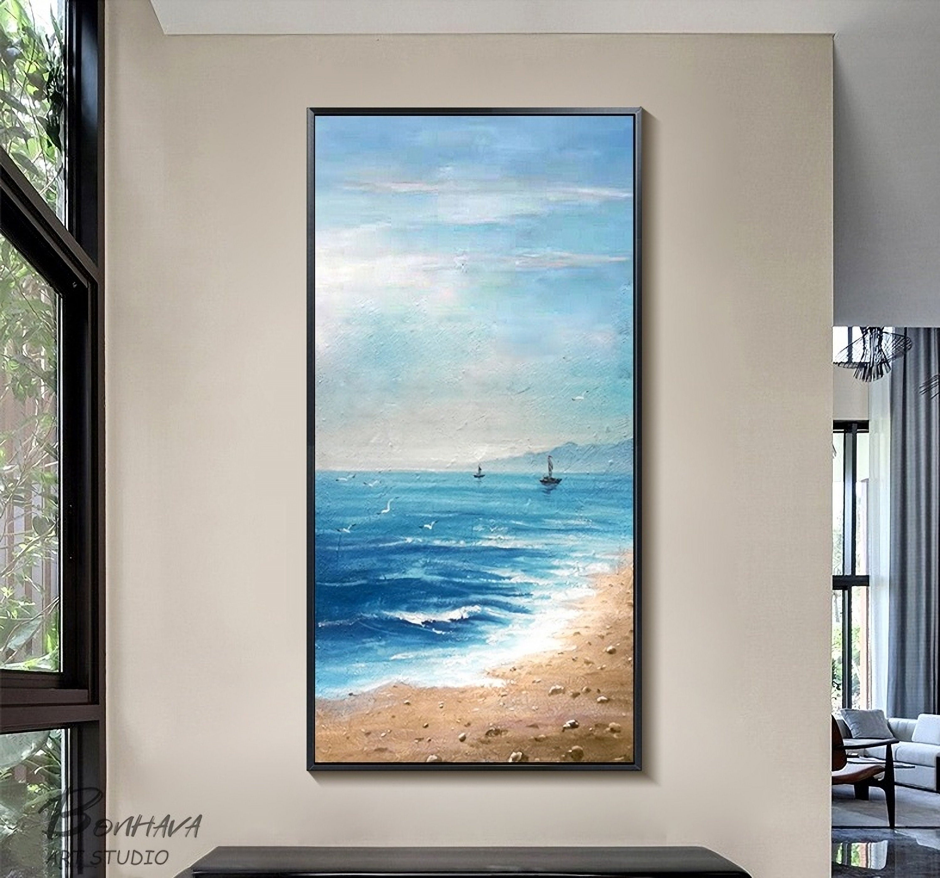 Seashore Artwork, Coastal Wall Art, Abstract Beach Art, Painting on Canvas for Room Decoration