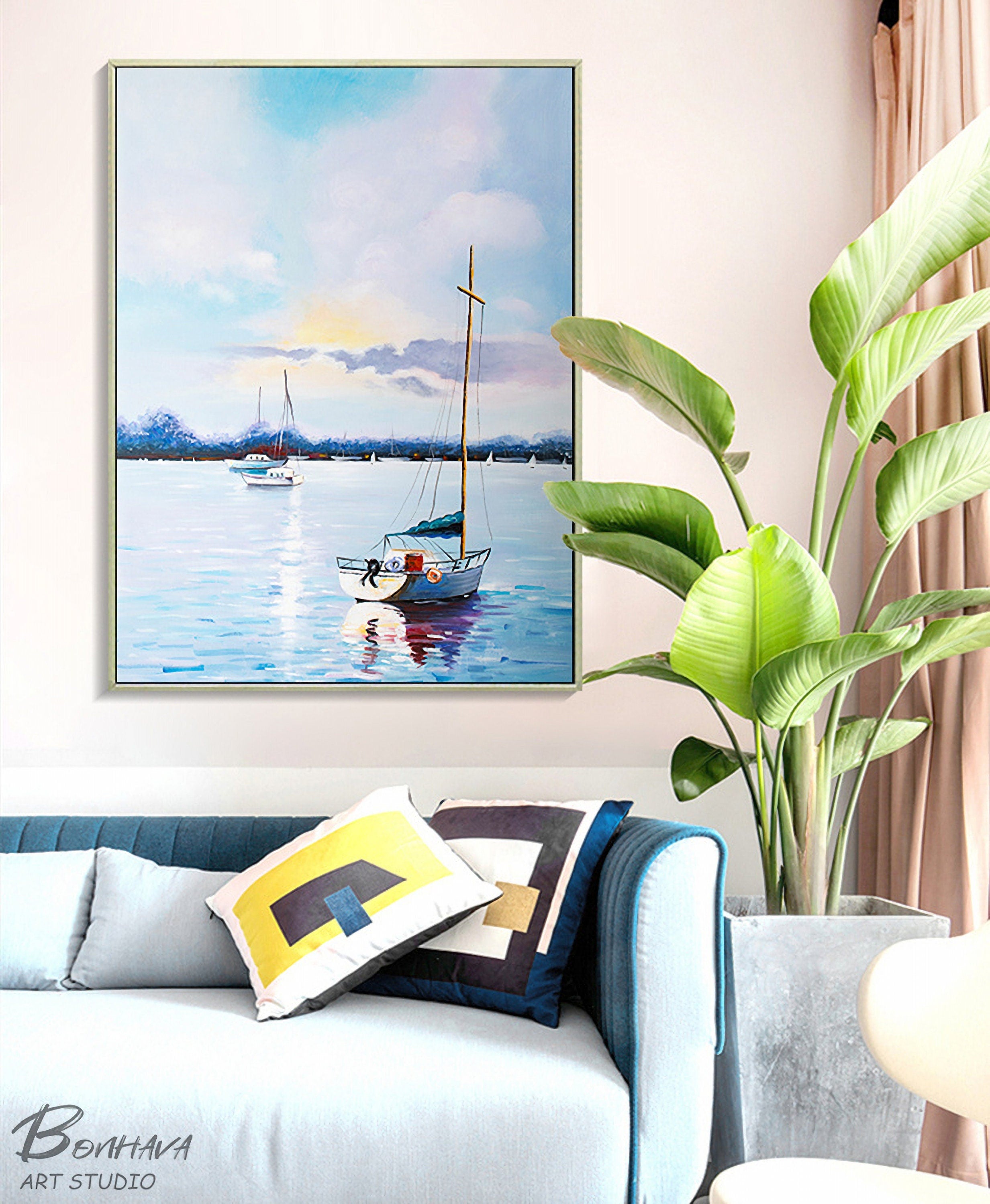 Sailboat Canvas Painting, Abstract Sailing Ship Wall Art, Nautical Artwork for Bedroom